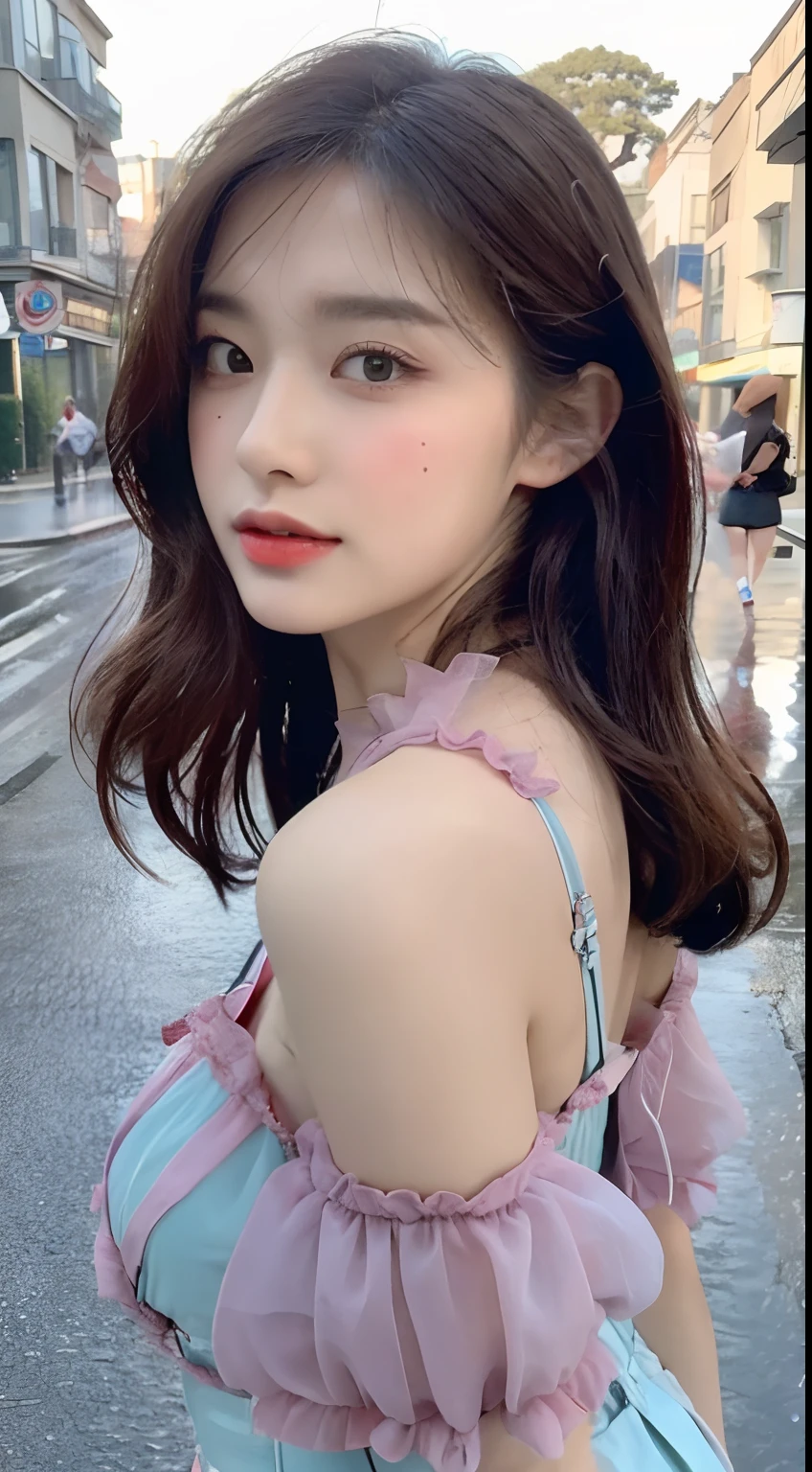 ((Best Quality, 8k, Masterpiece: 1.3)), Focus: 1.2, Perfect Body Beauty: 1.4, Buttocks: 1.2, (Layered Haircut: 1.2)), (Rain, Street:1.3), Highly detailed face and skin texture, Fine eyes, Double eyelids, Whitening skin, Long hair, (Round face: 1.5), sweet_lolita