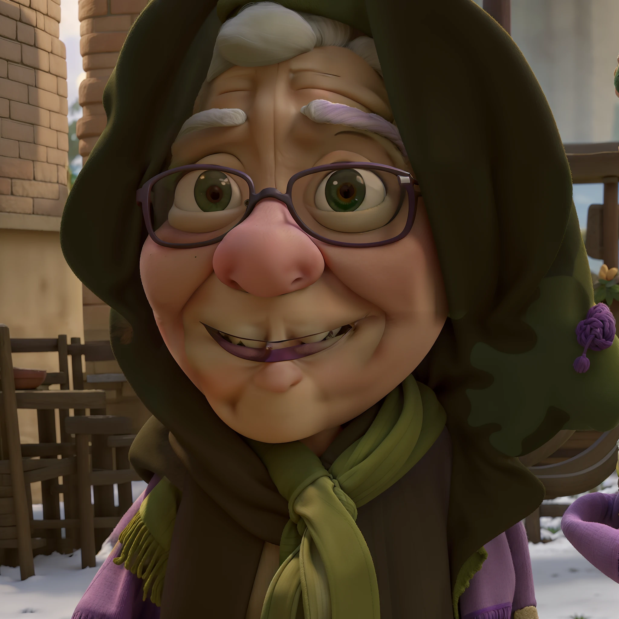 masterpiece, best quality, an old woman with glasses and a scarf on, wearing a purple coat and green scarf, standing at the park
