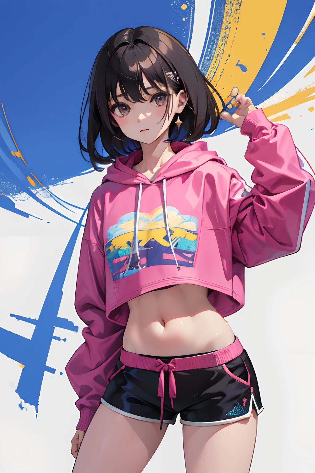 (child)，（​masterpiece，Highest Quality），Crop Top Look，Pastel Hoodie，(Gingham Check Shorts)，A dark-haired，Twin-tailed，World of toys