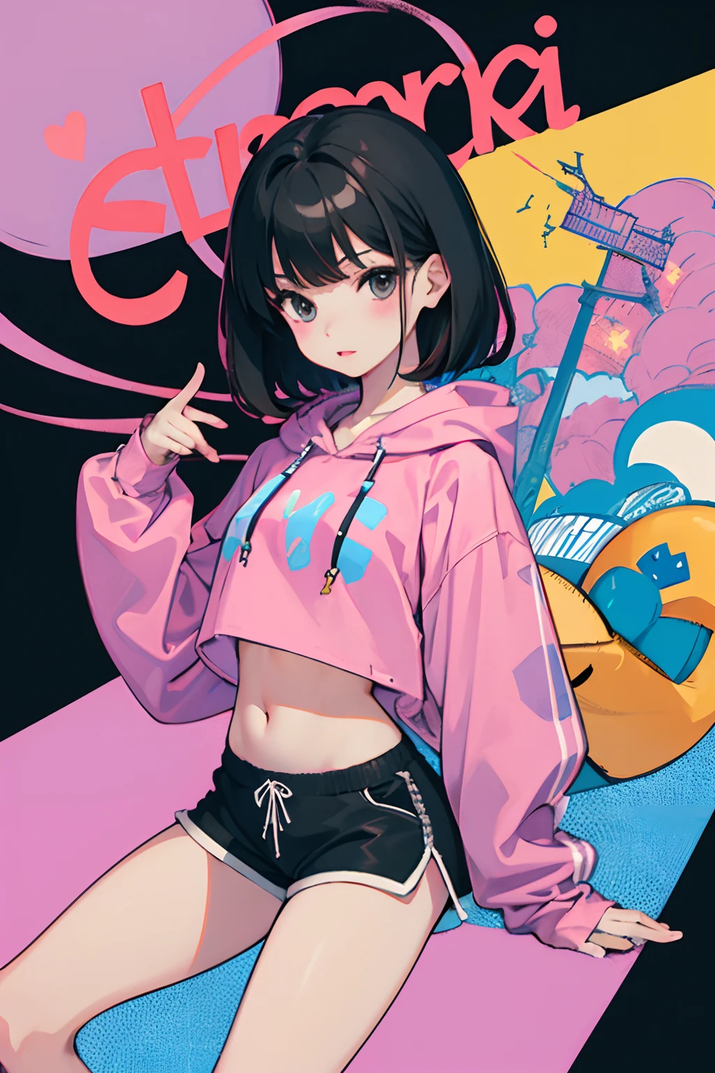 (),(masterpiece,Highest Quality),Crop Top Look,Pastel Hoodie,(Gingham Check Shorts),A dark-haired,Twin-tailed,World of toys