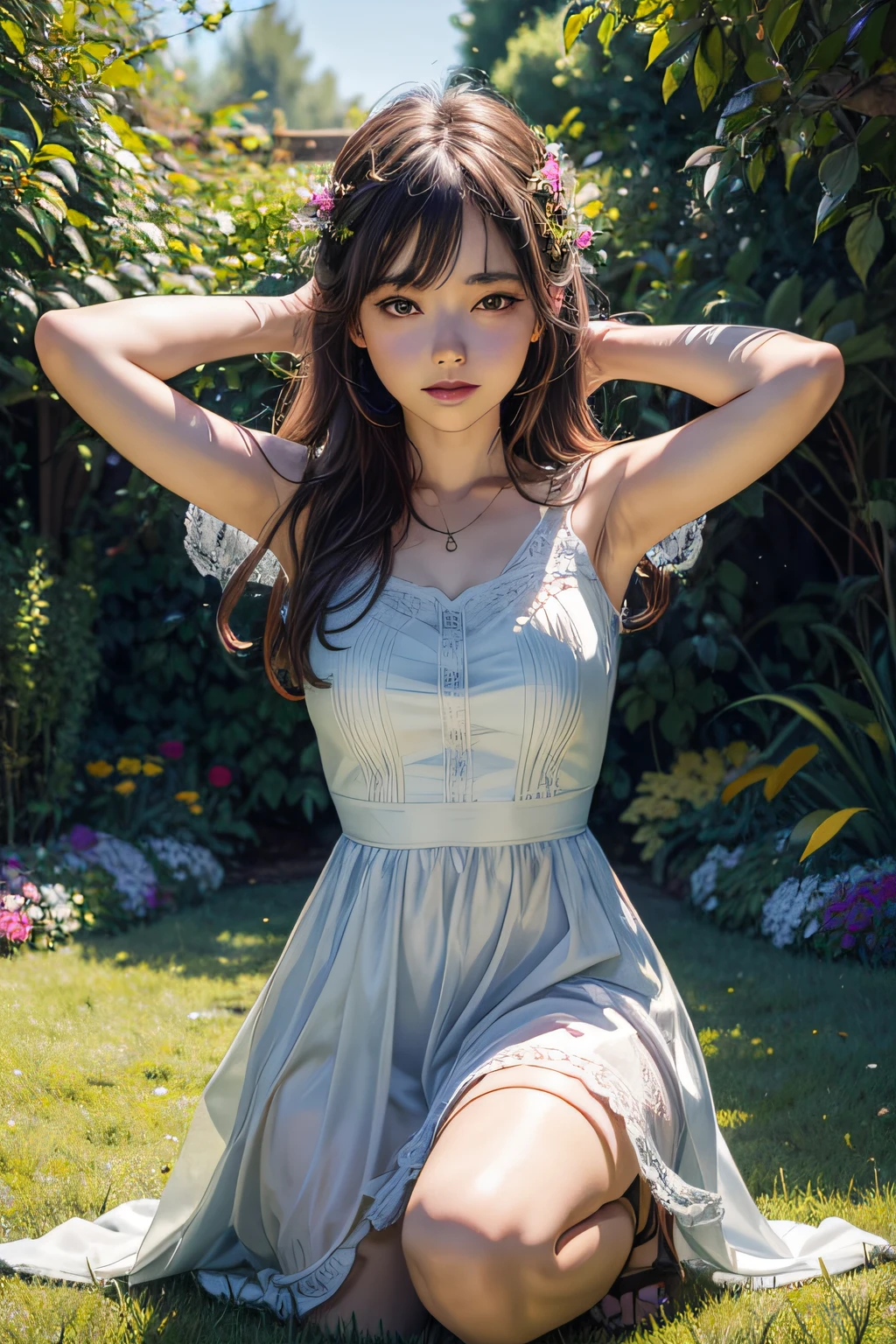 1girl, kneel, arms wide open, in the garden, 8k, sunlight