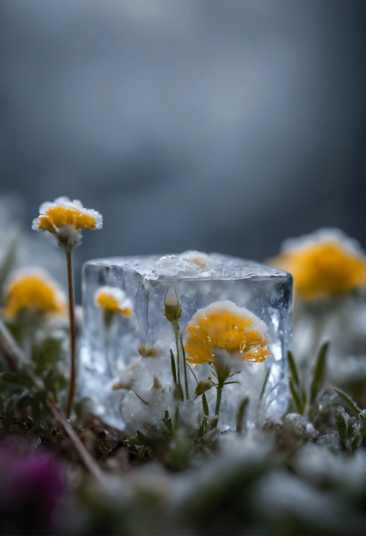 A very beautiful picture of frozen small wild flowers under an icecube, macro photography, very beautiful environment, bush, zoom out, single subject, highly detailed, 4k