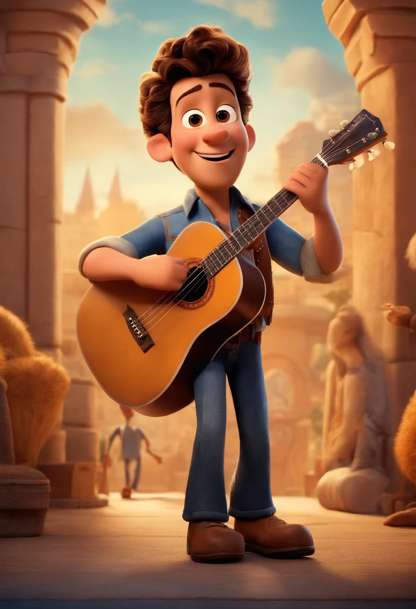 Criar cartaz de filme estilo Disney Pixar  em 3d, Homem alto, gordo, com camiseta preta, Denim Jeans Pants, botina militar cor areia, cabelo curto com topete, barba, singing and playing a Black Folk guitar with the title Singing Life