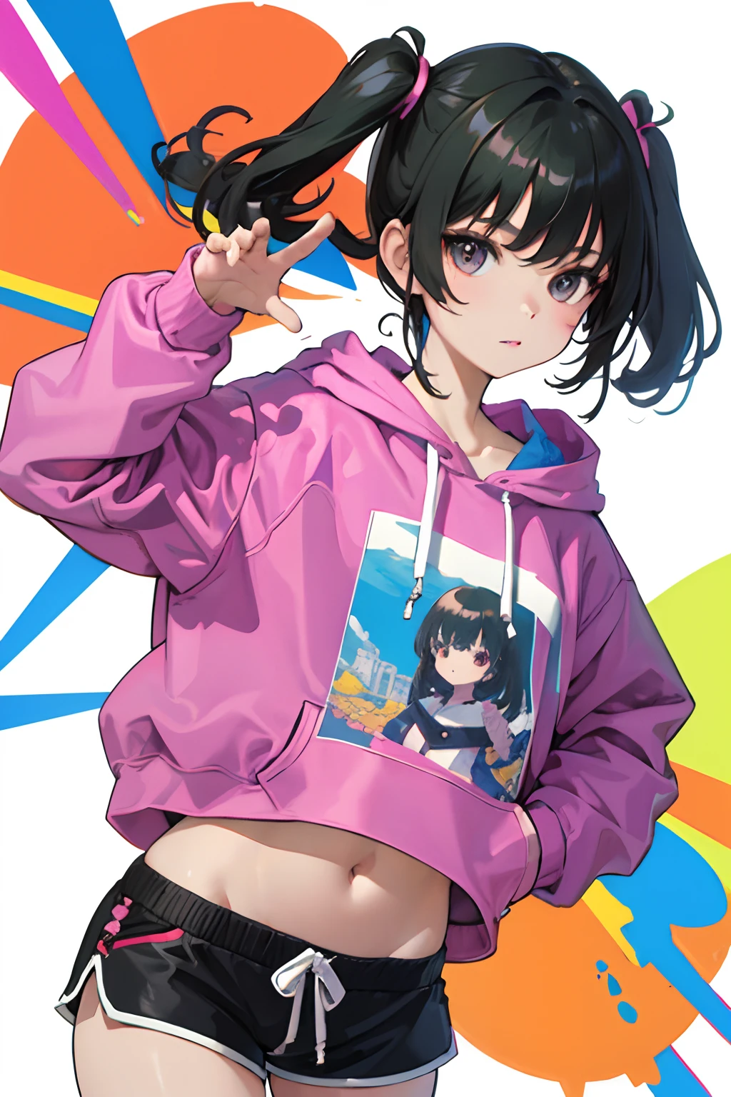(child)，（​masterpiece，Highest Quality），Crop Top Look，Pastel Hoodie，(Gingham Check Shorts)，A dark-haired，Twin-tailed，World of toys