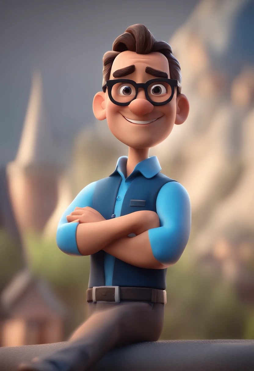 Cartoon character of a man with black glasses and a blue shirt, animation character, Caractere estilizado, animation style rendering, 3D estilizado, Arnold Maya render, 3 d render stylized, toon render keyshot, Personagem 3D, Personagem 3D, 3d rendering stylized, 3 d character render, personagem de desenho animado, Personagem de close up, Pose de personagem,  (Estilo Pixar) (master part:1.2) (Bokeh) (best quality) (pele detalhada) (textura detalhada) (8k) (argila) (Cinematic lighting) (foco nítido