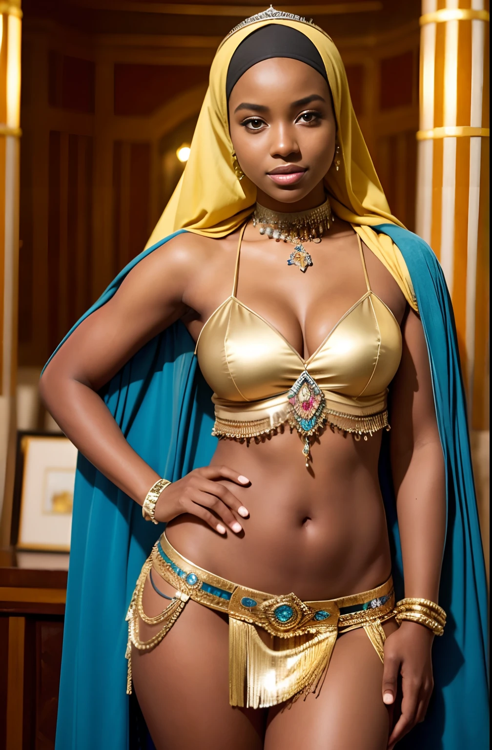 RAW, Best quality, high resolution, masterpiece: 1.3), beautiful namibian teen queen in hijab showing cleavage in sexy bellydancer highslit,Masterpiece, Soft smile, choker