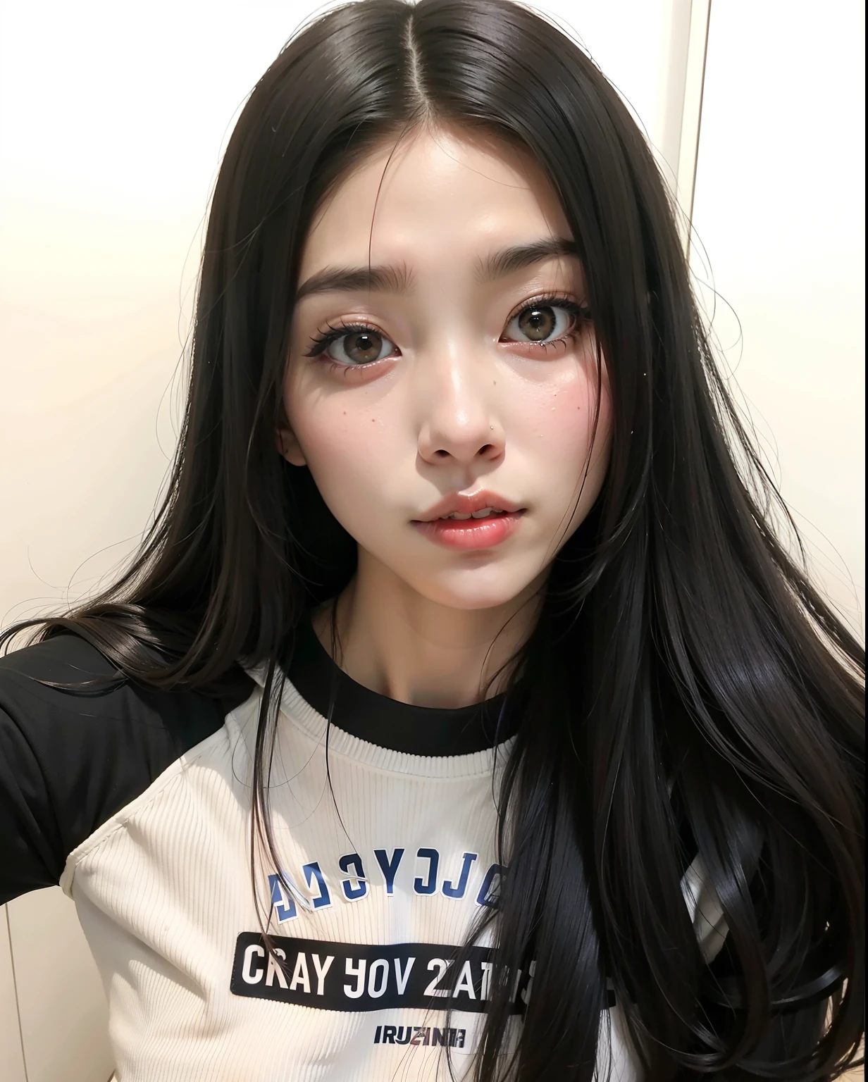 mulher arafed com longos cabelos pretos vestindo uma camisa branca, Ulzzang, korean symmetrical face, menina coreana, korean face features, young adorable korean face, wan adorable korean face, Jaeyeon Nam, whitebangscabelo negro, Mulher sul-coreana bonita, beautiful aesthetic face, linda mulher coreana jovem, preto hime corte cabelo, cruel korean goth girl