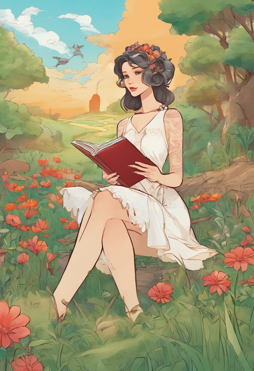 mulher de araffe em um vestido vermelho, Jovana Rikalo, Anna Nikonova aka Newmilky, usando um vestido vermelho, como uma escritora, em um mundo de fantasia, With a book and a pen in his hand, com uma paisagem de fantasia ao fundo, com personagens de fantasia em volta dela, In cartoon illustration style, 2D, escrevendo um livro, With a green grass on the ground, With a book and a pen in his hand, no estilo 2D