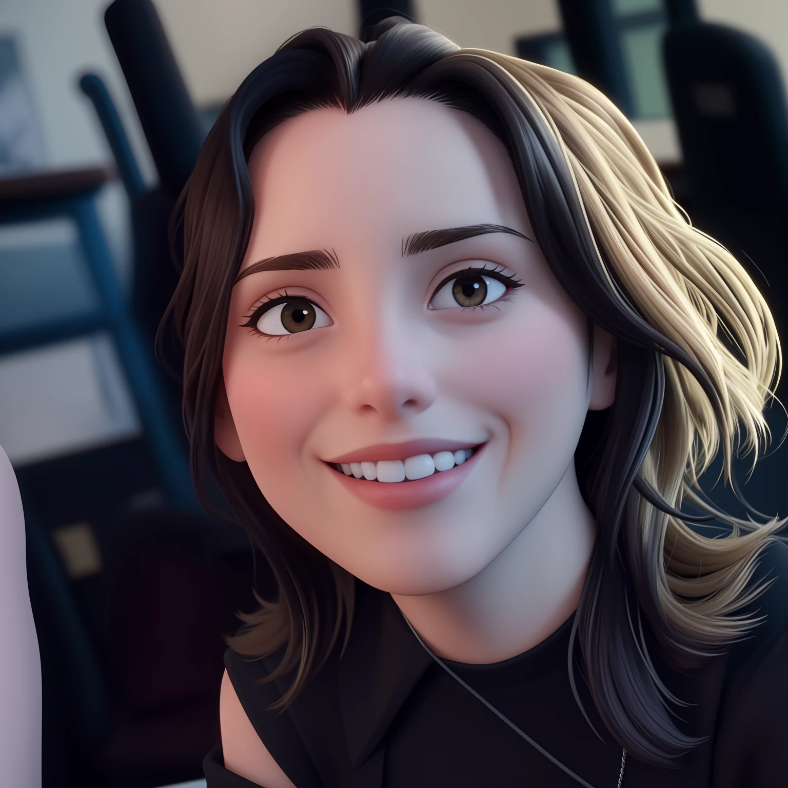 Uma mulher de 18 anos, com longos cabelos castanhos escuros , Rosto redondo, sorriso encantador, e olhos castanhos, In a classroom, studio lighting, sign language interpreter and sign language teacher. She's wearing black clothes, blouse and black jeans