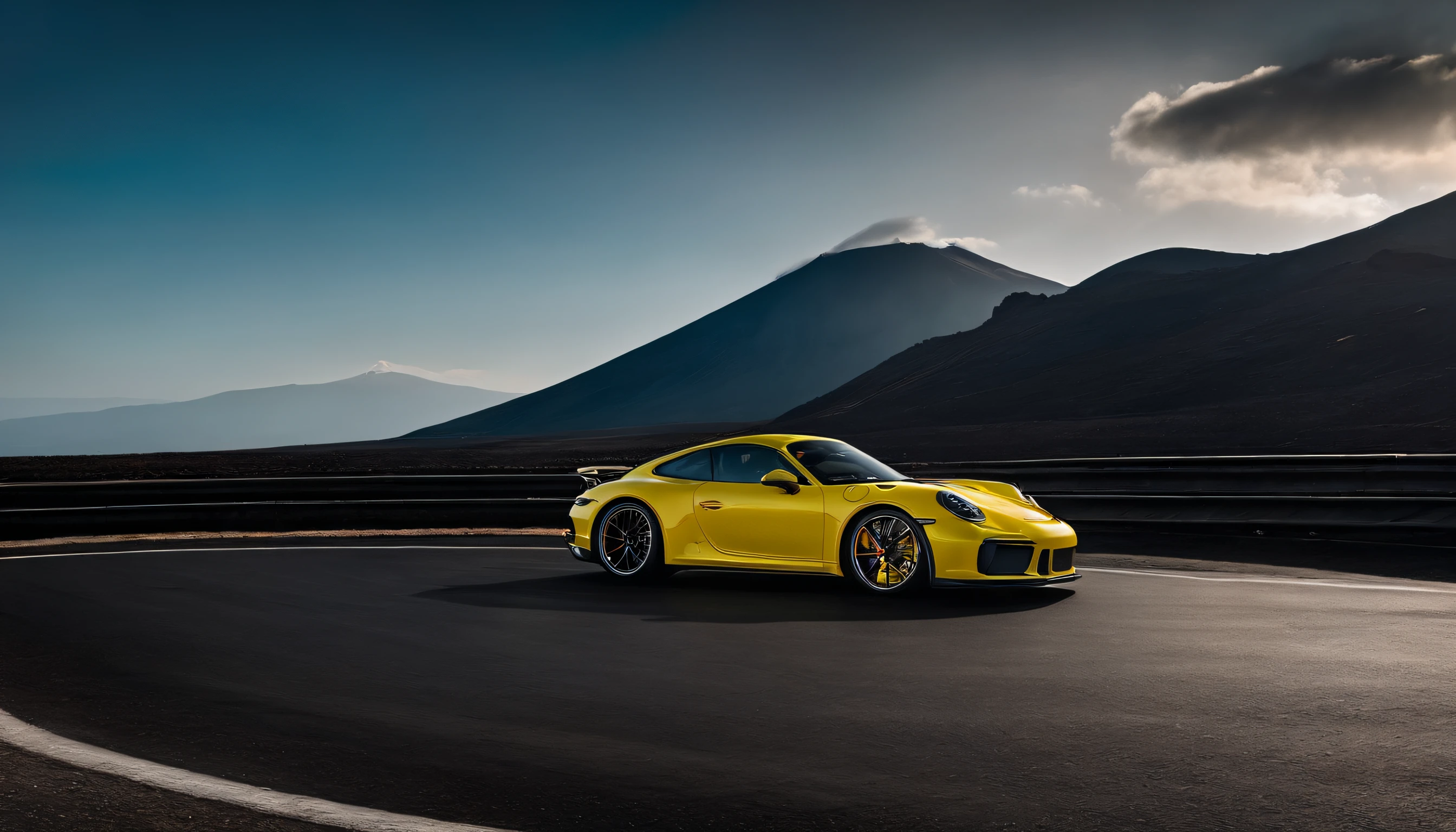 Pumping a Porsche GT3 992 at Mount Etna, Behind it is a volcanic landscape