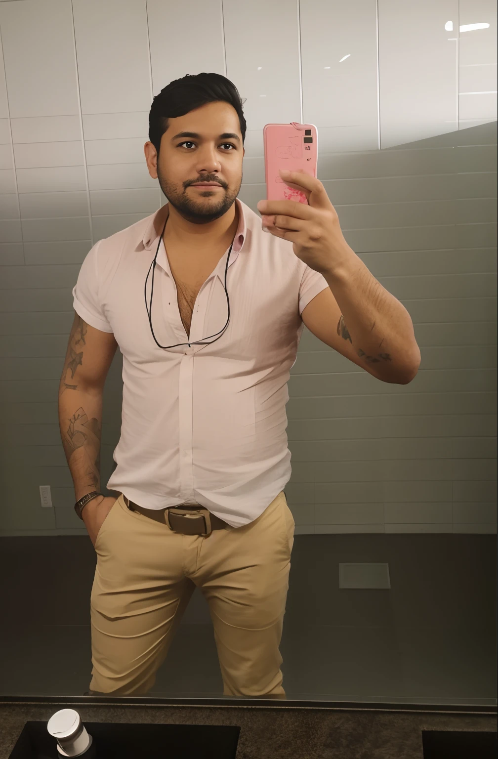 Man in front of mirror taking photo with cell phone in hand, Estilo Disney Pixar. Alta qualidade