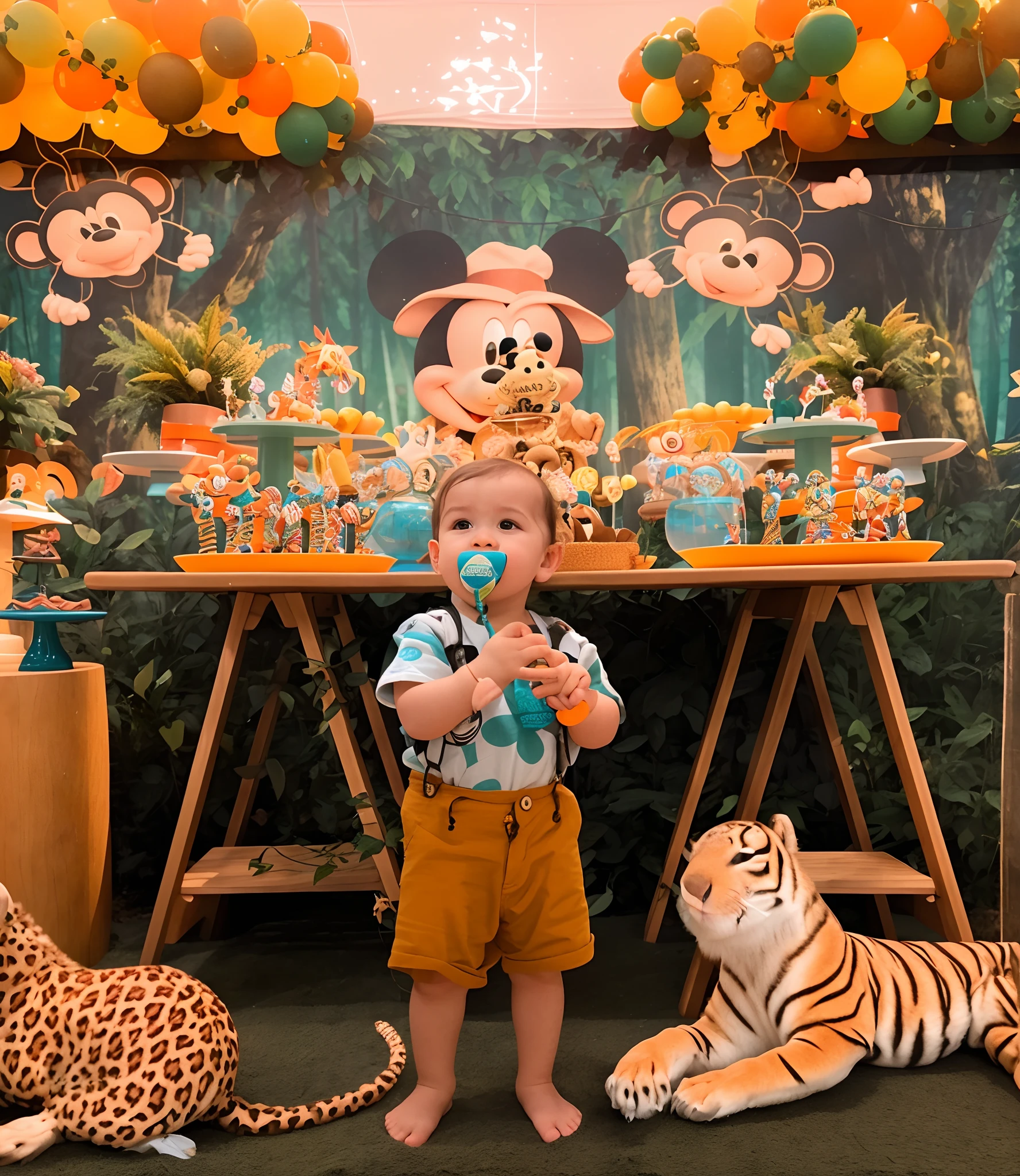 There's a standing in front of a table with a stuffed animal, Festa nas selvas, pano de fundo, selva ao seu redor, em um ambiente de selva, Artista Disney, Asher Duran, trending ,, Directed by: Emma Andijewska, 🐿🍸🍋, Disney Disney, Mickey Rato, em uma selva, jungle setting, Magical jungle, na selva, birthday party
