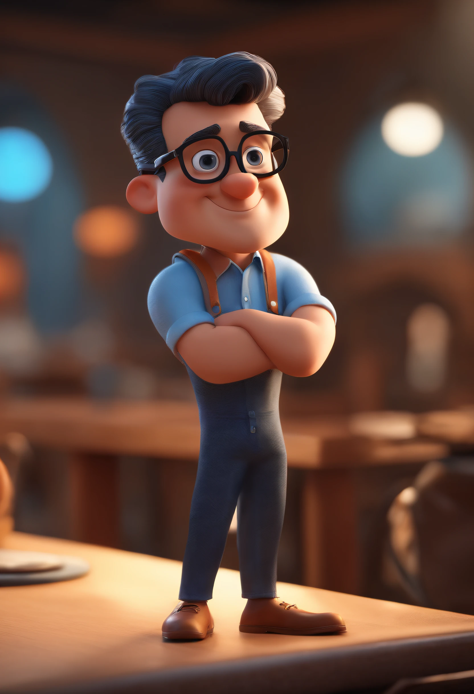 Cartoon character of a man with black glasses and a blue shirt, animation character, Caractere estilizado, animation style rendering, 3D estilizado, Arnold Maya render, 3 d render stylized, toon render keyshot, Personagem 3D, Personagem 3D, 3d rendering stylized, 3 d character render, personagem de desenho animado, Personagem de close up, Pose de personagem,  (Estilo Pixar) (master part:1.2) (Bokeh) (best quality) (pele detalhada) (textura detalhada) (8k) (argila) (Cinematic lighting) (foco nítido