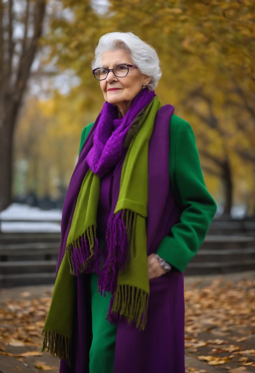 masterpiece, best quality, an old woman with glasses and a scarf on, wearing a purple coat and green scarf, standing at the park