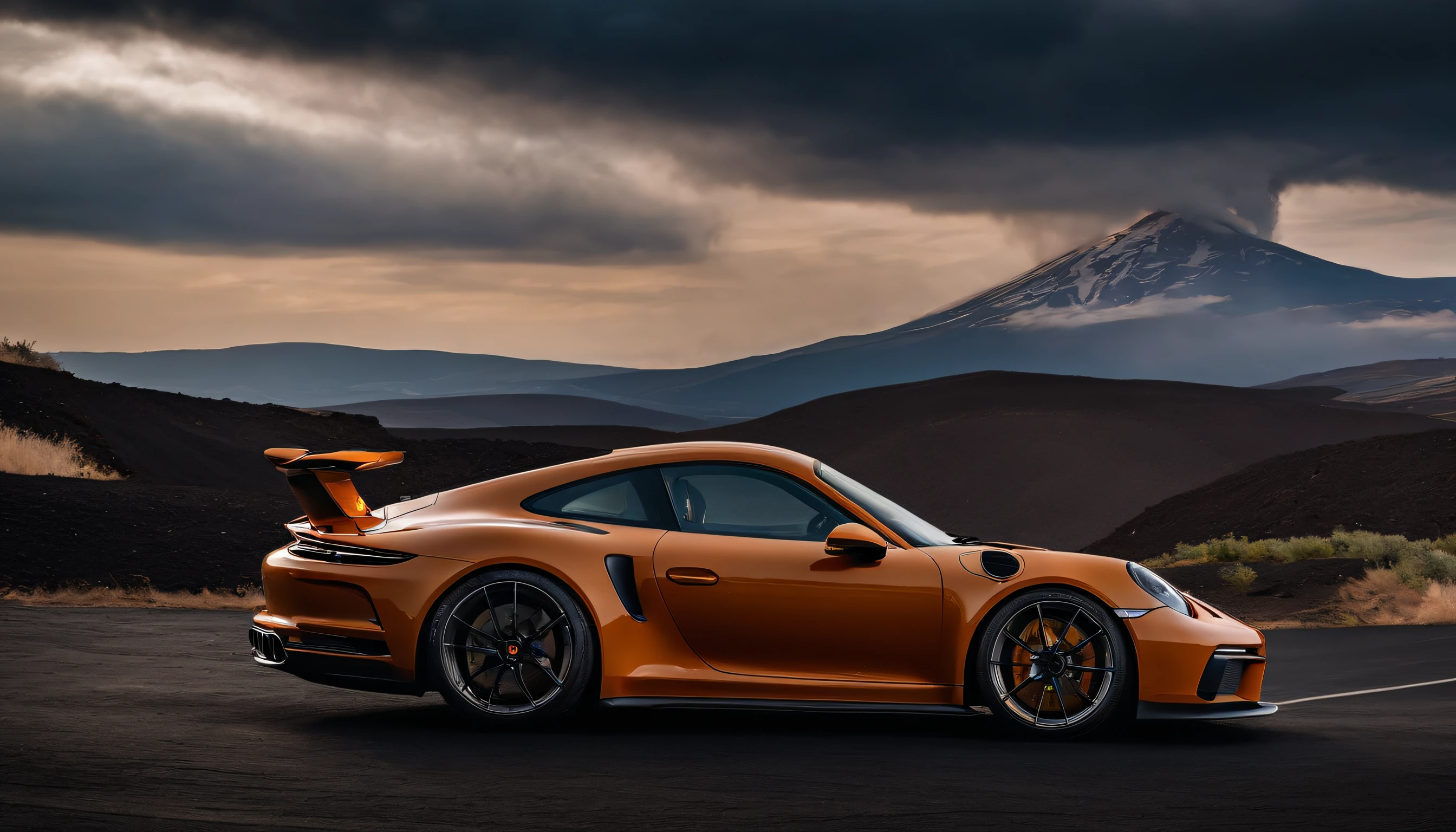 Pumping a Porsche GT3 992 at Mount Etna, Behind it is a volcanic landscape