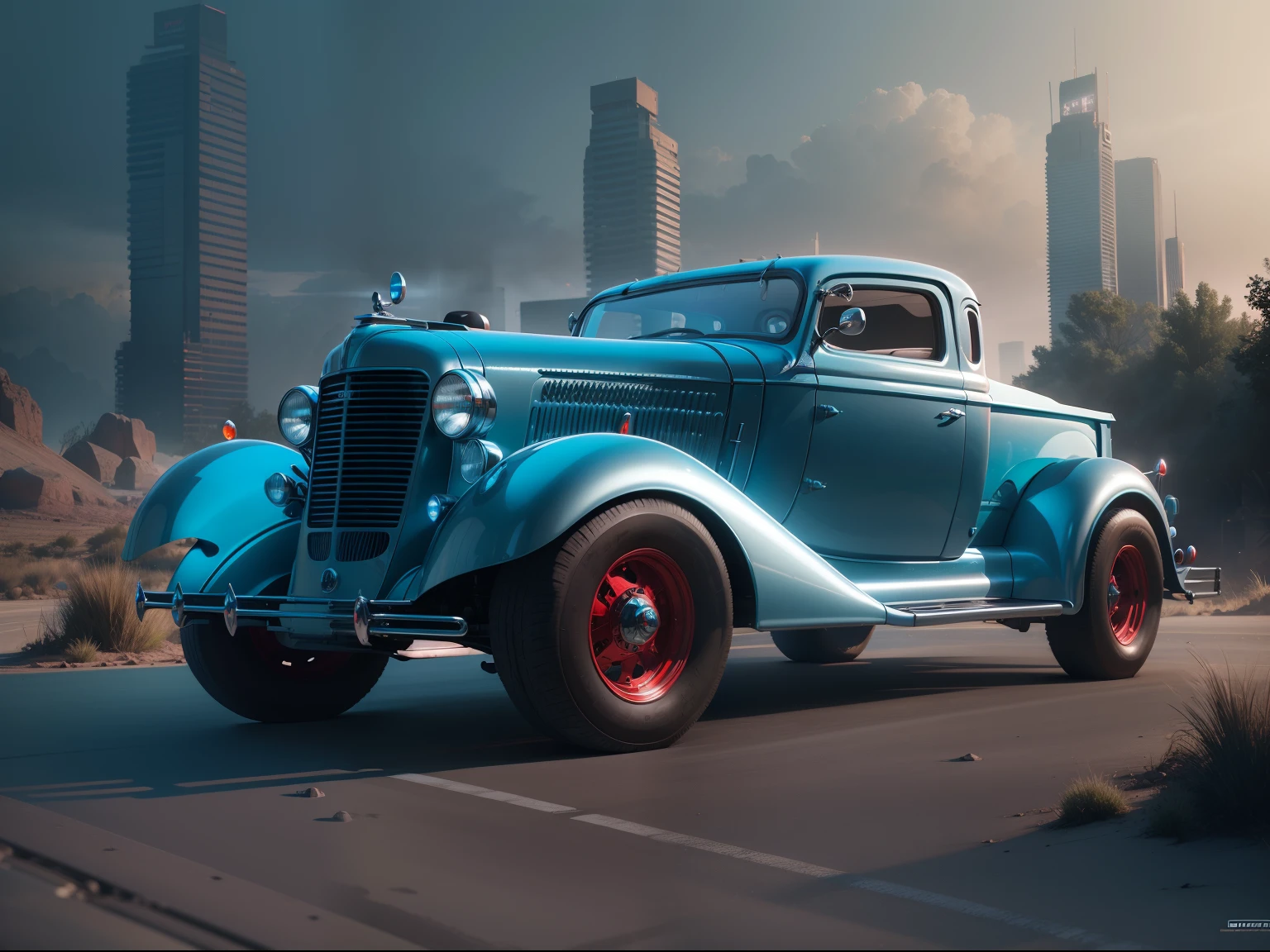 1930s style futuristic pickup truck, crimson colors, electric blue, smoky black, baby blue, full body shot, fantastic realism, robotic, hyperrealistic, cinematic lighting, futuristic interior design, robot, 8k