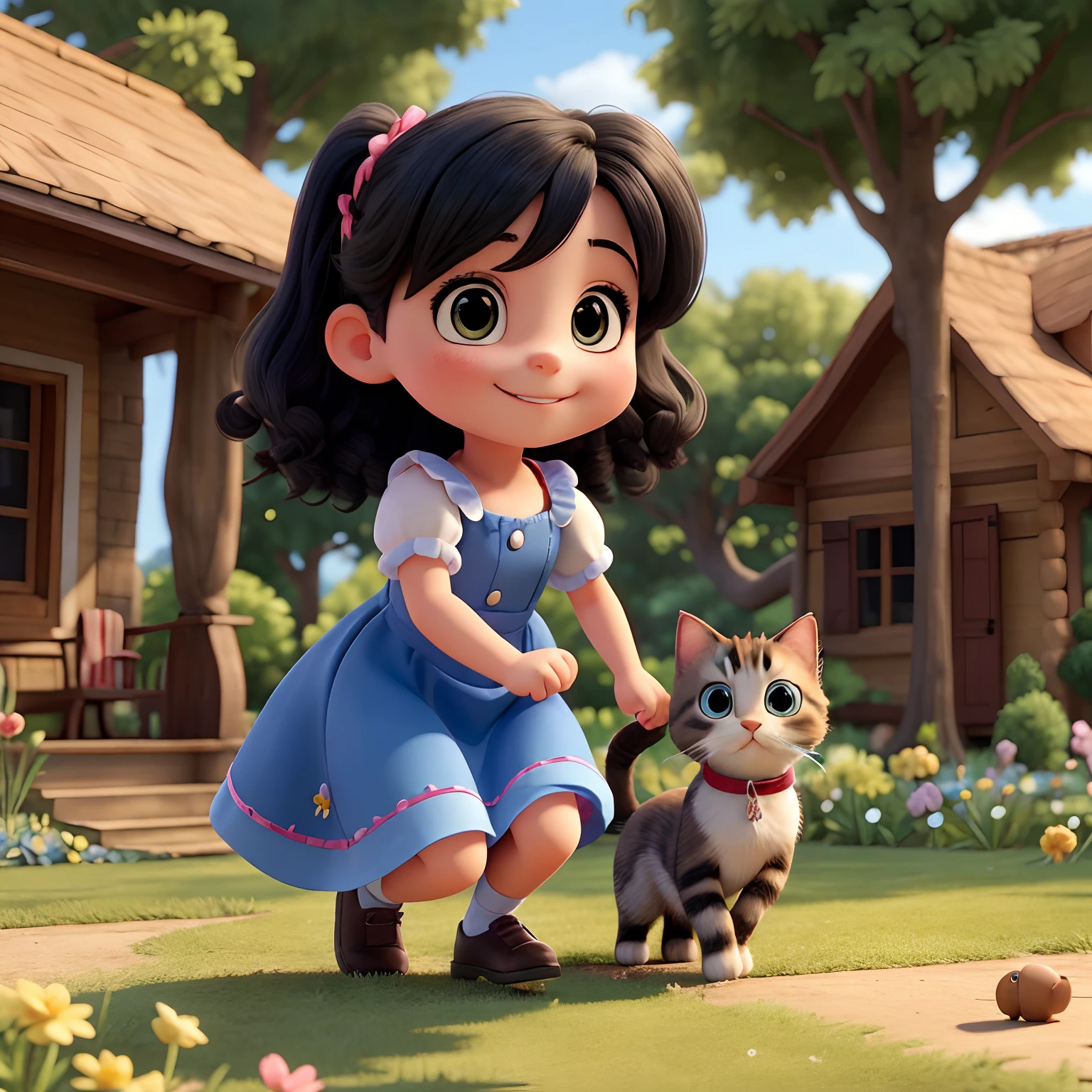 A girl with black hair in a blue dress with small chest with is smiling playing with her kitten running after him is behind her a house with a garden full of frores is with a tree with a swing