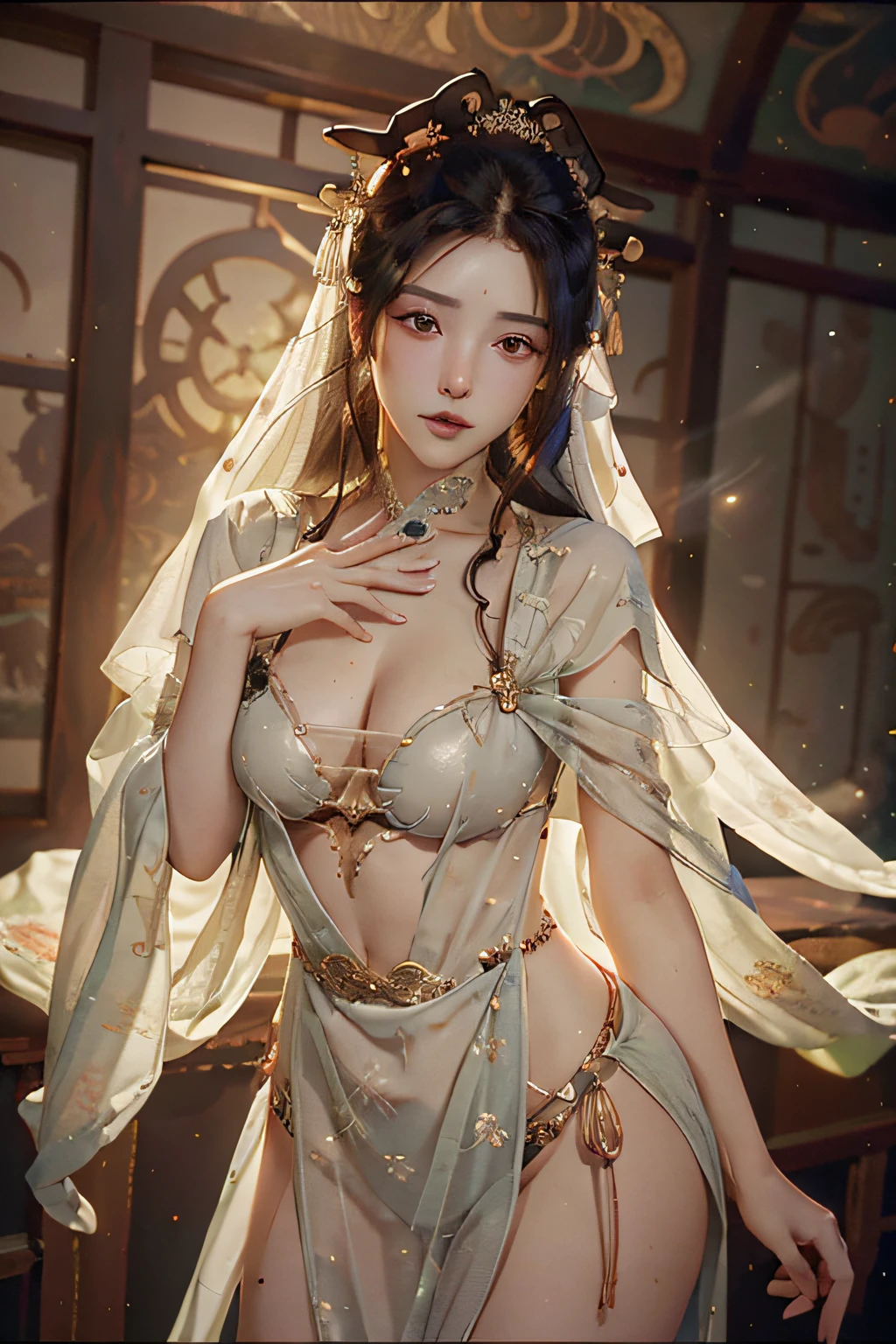 Best quality at best,tmasterpiece,Very detailed details,A high resolution,8K,Complicated details,realisticlying,Photorealsitic,dramatic lighting,
1girll,ancient Chinese costume,Large breasts,Partially covered by clothing,(ssee-through:1.3),Through a thin veil,A glimpse of the breasts can be seen,Create an enticing and suggestive effect,At a glance, You can see the contours of her skin and chest,
cow boy shot,Dance,
