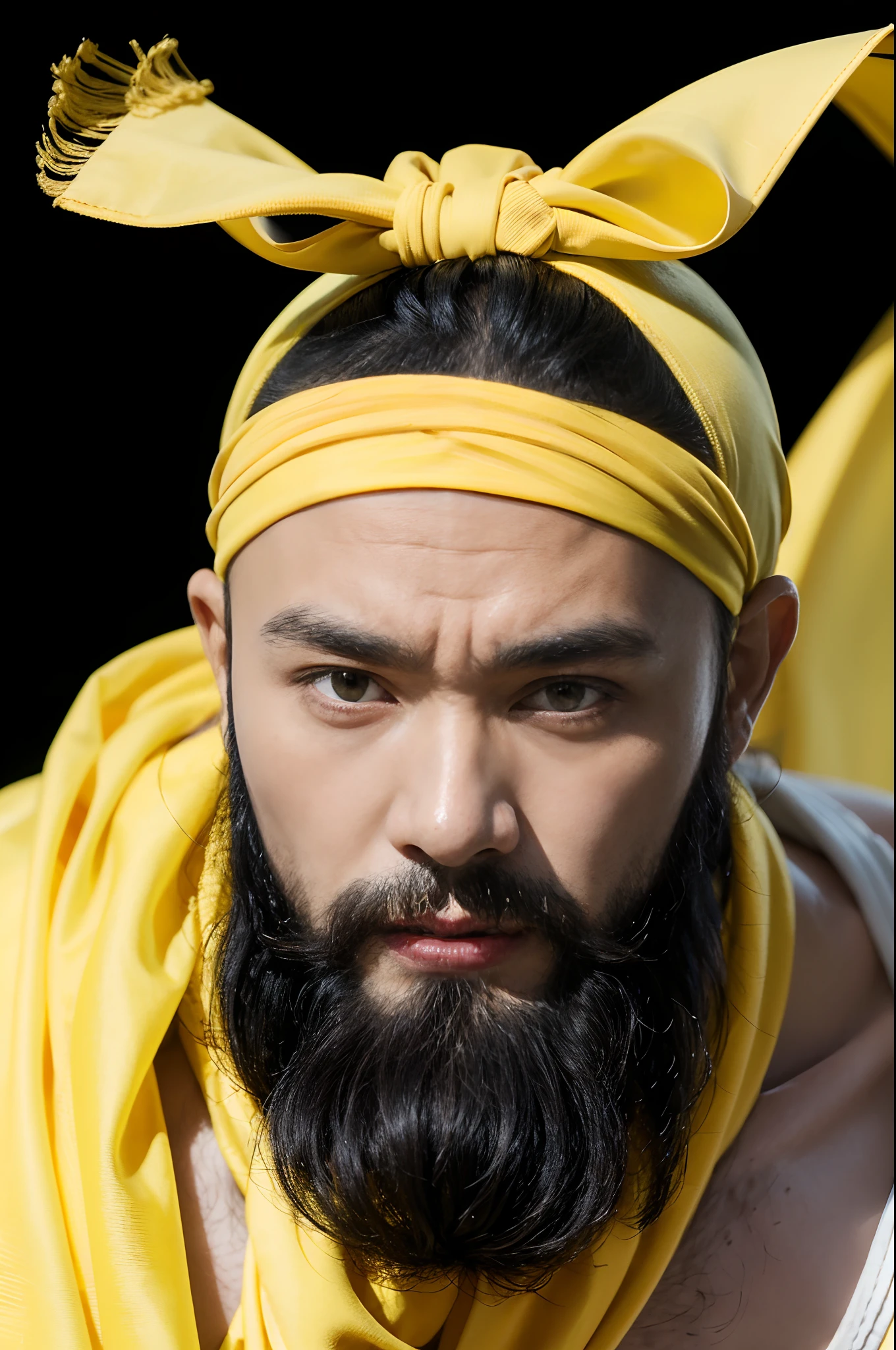 a Chinese man in yellow judogi,(yellow headscarf on head:1.3),The obi of the judogi is black,Judogi has a thick texture,the man is barking,Judogi draw in detail,long thick beard,A spear in hand