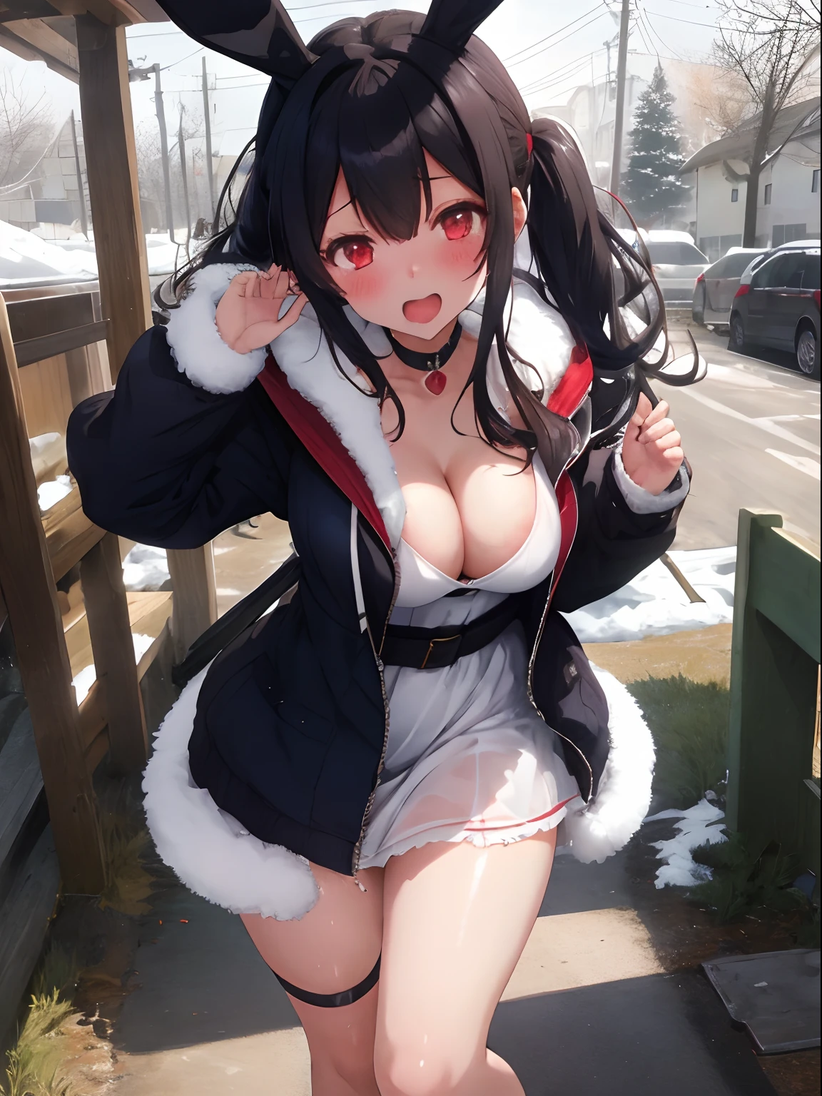 girl with,navy hair,Red Eyes,Fluffy Bunny Girl,Winter clothes,Dress Sex,Outside,seduces,Chest wide open,Kamimei,Empty eyes,red tide,a lot of white liquid on the face and chest,,,,,,,,,White liquid overflowing from the crotch,piece sign,Opening legs,Adult Toys,Thick vibrator insertion,Squirting,ecstacy,