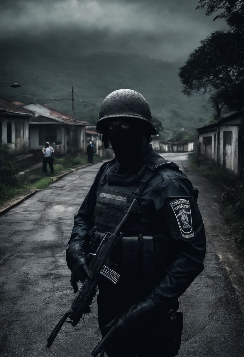 Criminal Police of Minas Gerais with a serious look. Observando do alto as luzes do presidio e com uma fina chuva caindo