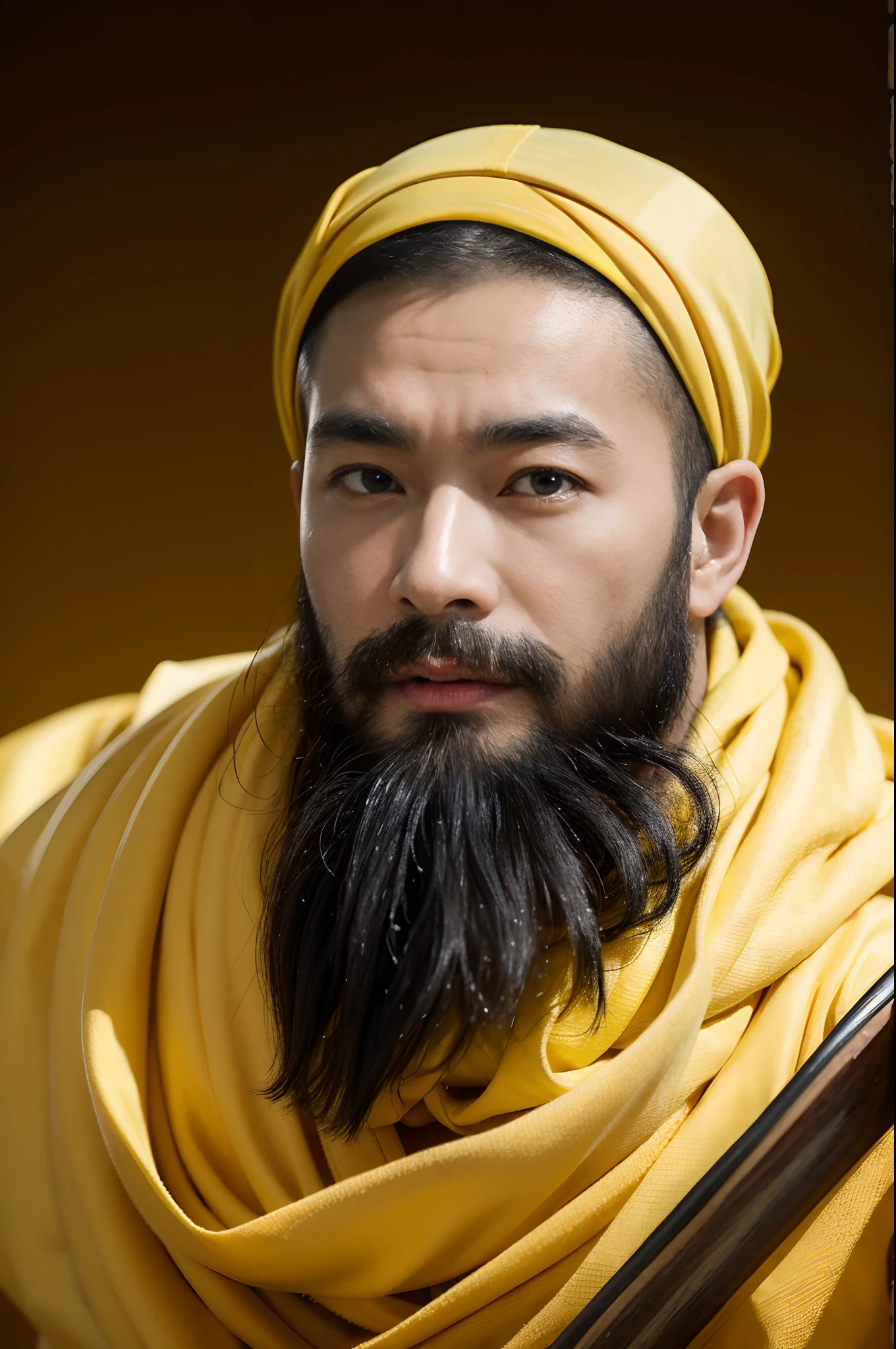 a Chinese man in yellow judogi,(yellow headscarf on head:1.3),The obi of the judogi is black,Judogi has a thick texture,the man is barking,Judogi draw in detail,long thick beard,A spear in hand,cowboy shot