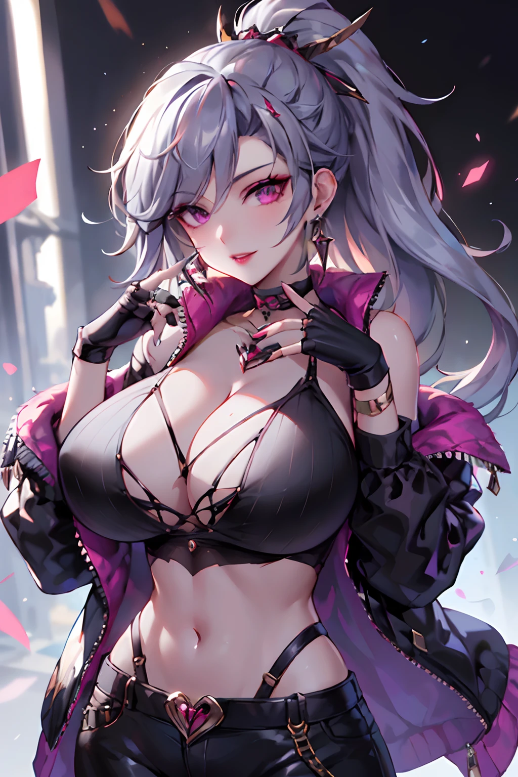 1girl,lexaiduer, bangs, black gloves, black choker, collarbone, earrings, finger to mouth, fingerless gloves, grey hair, index finger raised, jacket, jewelry, red lips, lipstick, long hair, looking at viewer, makeup, nail polish, parted lips, ponytail, portrait, smile, purple eyes, purple nails, shushing, solo,[[realistic]],(shiny skin),(masterpiece:1.4),(best quality:1.4),gigantic breasts,red lips