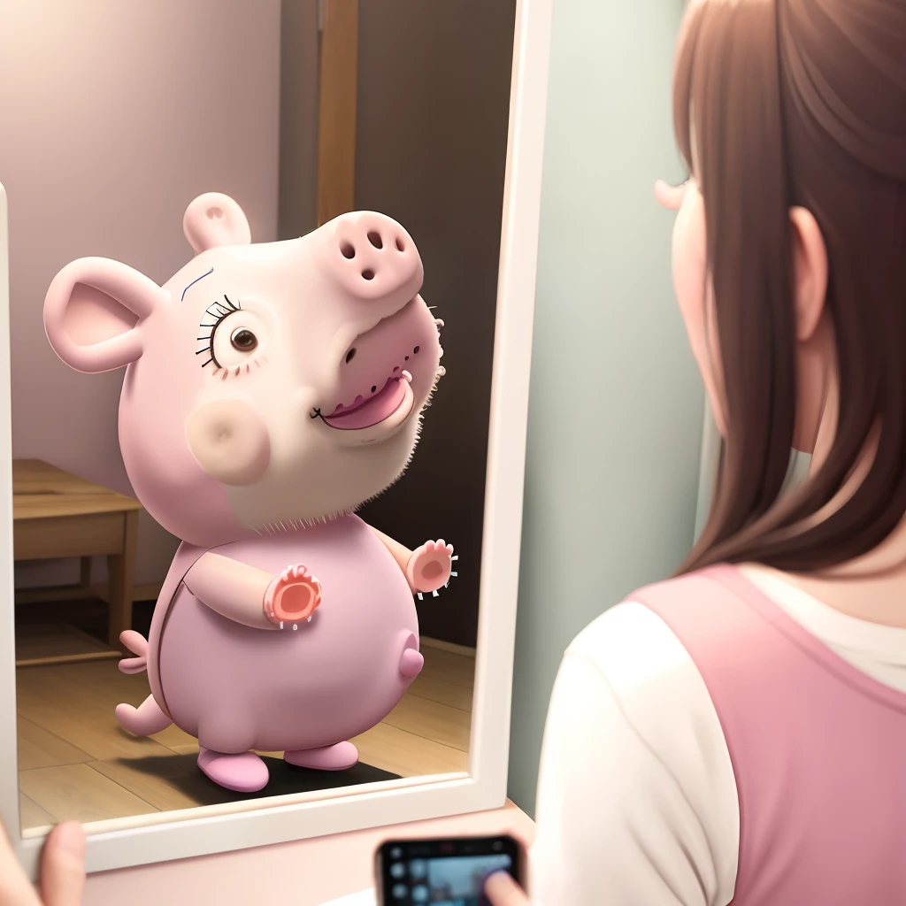 Peppa pig taking photo of adult mirror