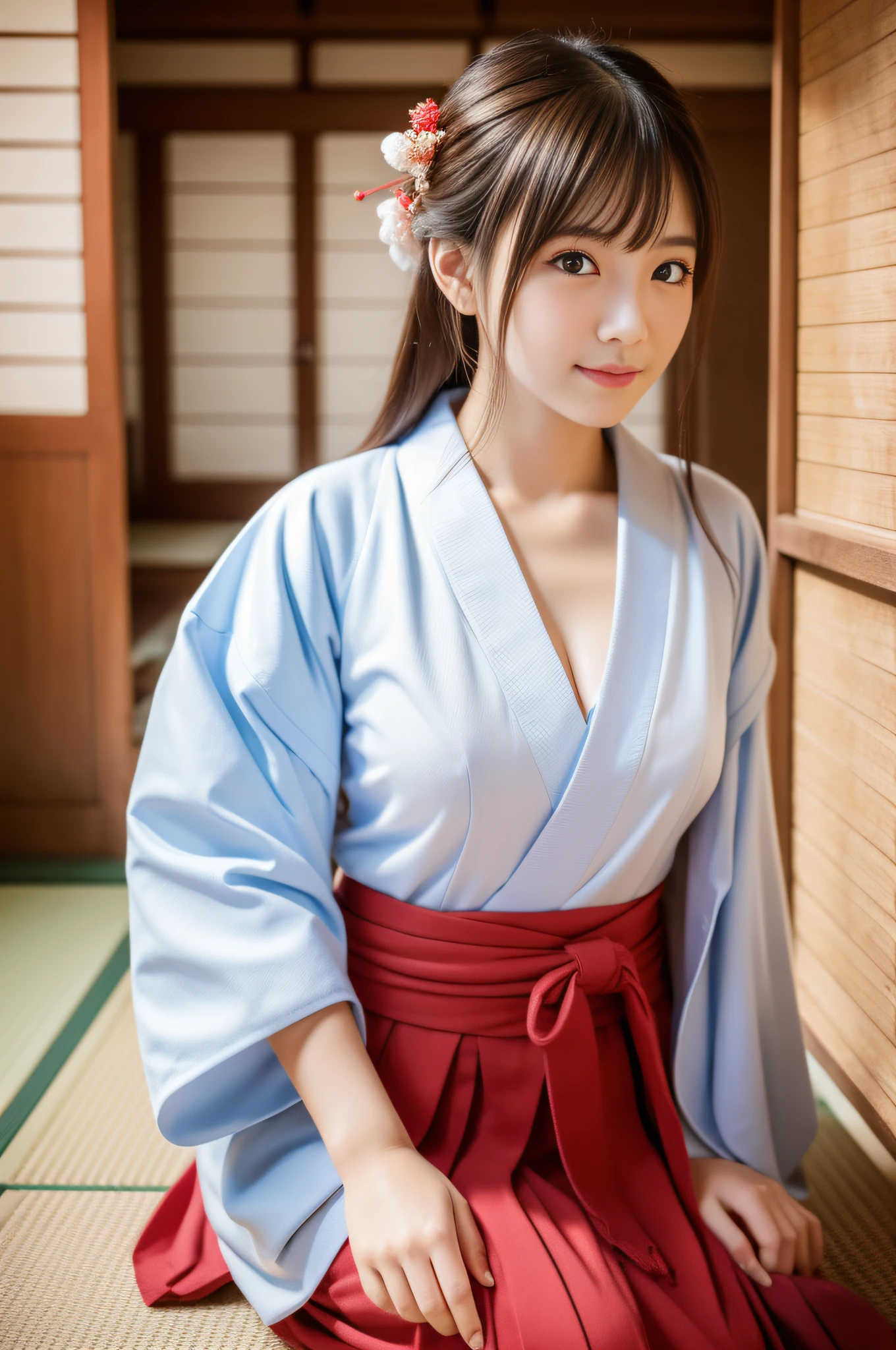 （nudde）、　barechested、　（Super cute girl in S class in a shrine wearing nothing）、　Woman in white shirt and red skirt、　teats、　The areol、　（Nipple GA）、　Wearing Hakama、　komono、　traditional、　hakama kimono、　Japanese style、　intricate hakama、　white hanfu、　Photo from the knee up、　（Highly detailed photos of CG Unity 8K）、　（The girls of the S class are very cute in every detail）、　（Photo Real）、　（（One Little Lolita S Class Girl））、　（（top-quality））、　ultra-detailliert、　​masterpiece、　（roundly eyes）、　breasts are slightly larger,、　viewer、　Woman with a gentle atmosphere、　Very beautiful straight hair、　Bright photo、　Fresh ultra-real person、　20yr old