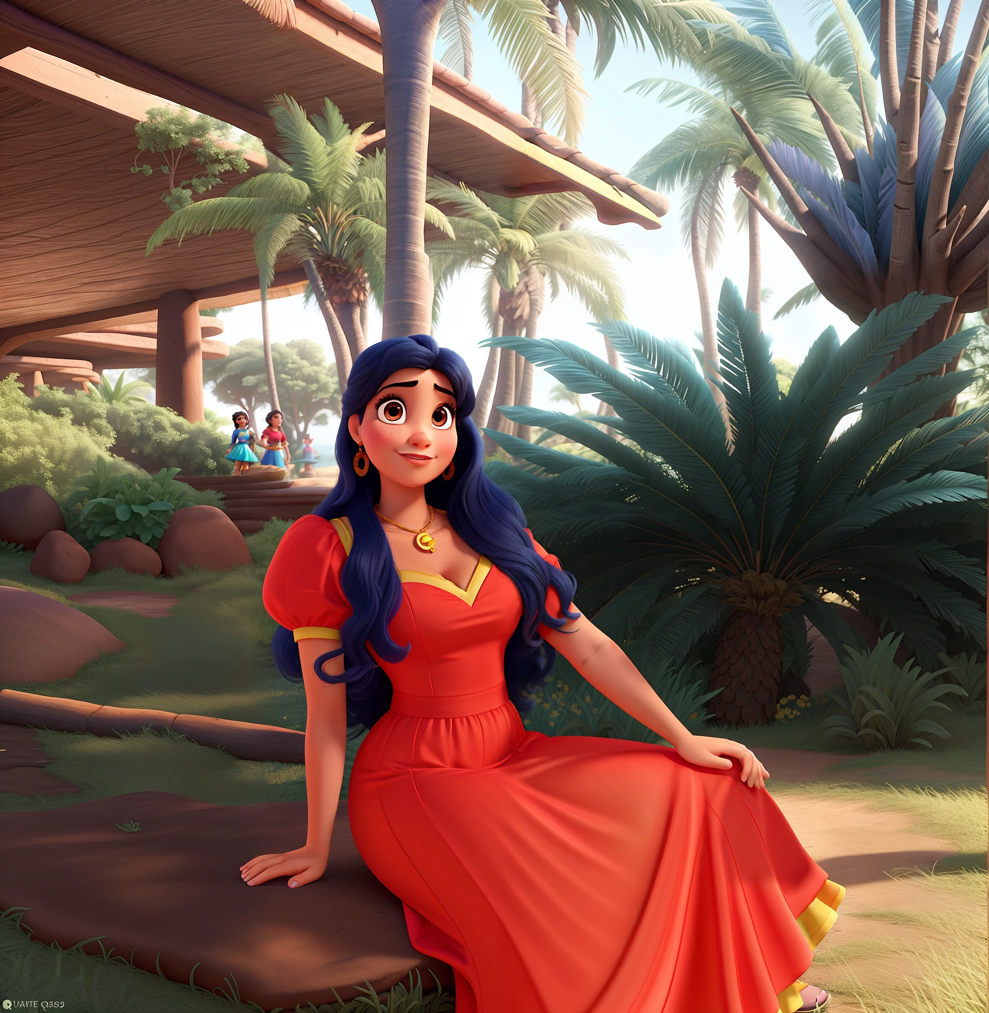 Poster no estilo disney pixar. Uma mulher cor de pele morena e de vestido vermelho. Disney Pixar-Style, alta qualidade, melhor qualidade.