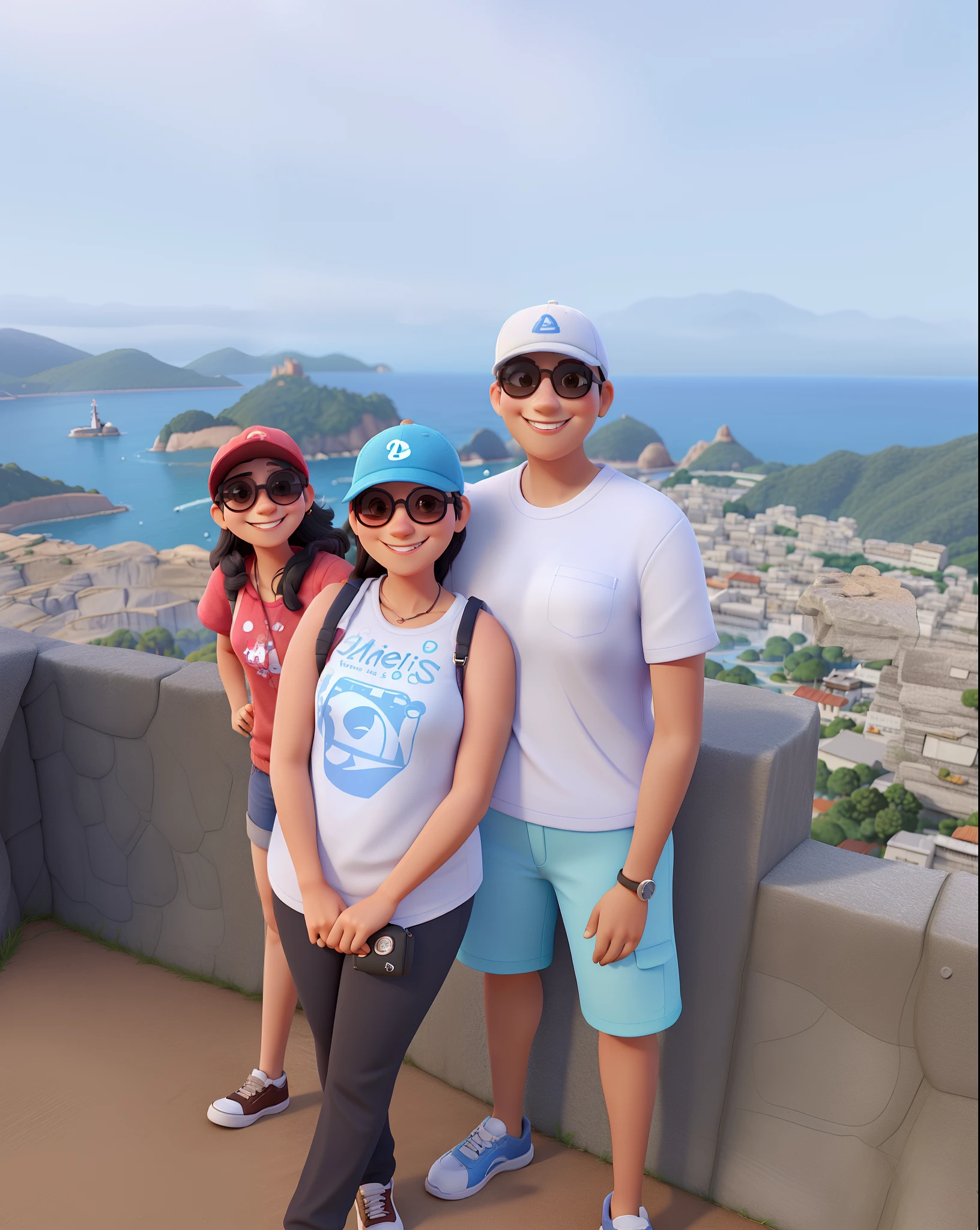Menina: aproximadamente 9 anos de idade, Dark hair without cap Sunglasses and smiles. mulher, 35 anos, wearing a cap, Sunglasses and a smile. 40 year old man in cap and sunglasses smiling. With scenery of mountains and sea to blue sky in 3d Disney Pixar style drawing warm colors background