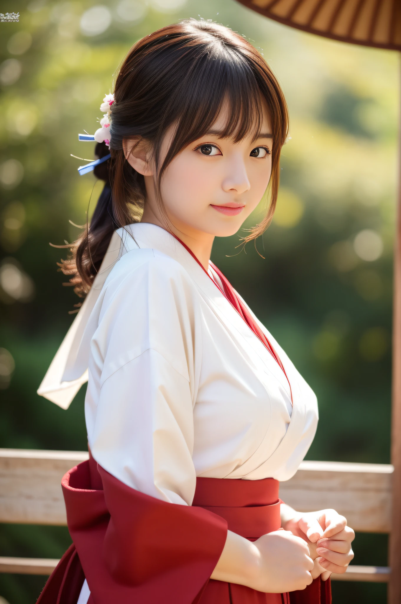 nudde、　bignipple、　The areol、　White shirt and red skirt、　 Wearing Hakama、　Komono,、　traditional、　hakama kimono、　Japanese style、　intricate hakama、　white hanfu、　（Super cute girl of S-class at the shrine）、　Chest、　Hakata Hakama、　tits out、　（Highly detailed photos of CG Unity 8K）、　（Very detailed very cute girl）、　（Ultra-realistic photos）、　（（One  Loli S Class Super Cute））、　（（top-quality））、　ultra-detailliert、　​masterpiece、（roundly eyes）、　breasts are large、　viewer、　Very beautiful straight hair、　A dark-haired、　Woman with a gentle atmosphere、　Bright photo、　20yr old