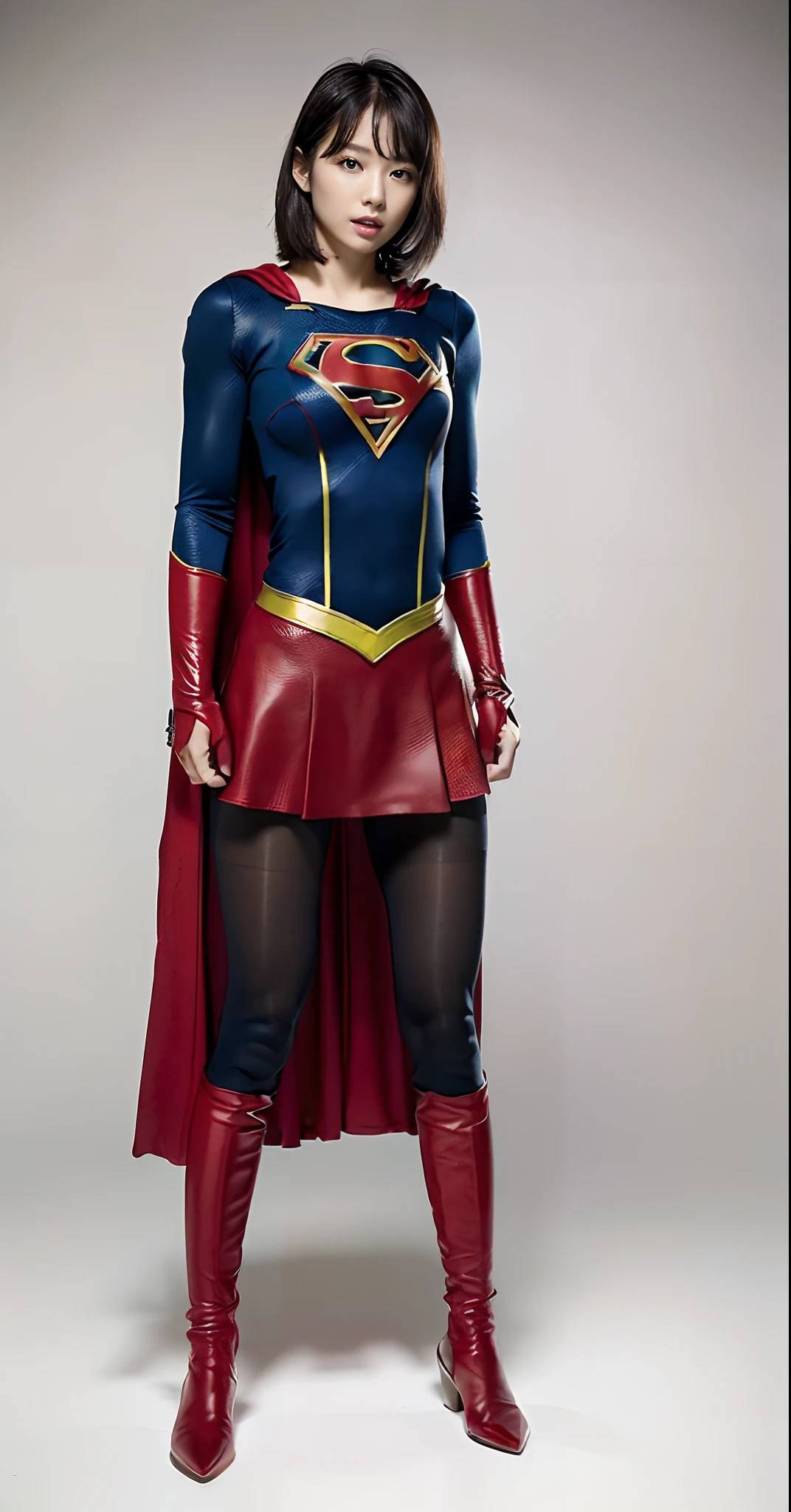 Beautiful girl fighting、japanes、Cute Beautiful Girl、(((Wear black tights on your beautiful legs.)))、(((beauty legs)))、(((Open thighs)))、((((Make the most of the original image)))、(((Supergirl Costume)))、(((Beautiful hair with short cuts)))、(((Injured)))、(((Feet must necessarily be worn with black tights)))、(((You need to wear red boots)))、((Top image quality、8K))、((top-quality、8K、masterpiece:1.3))、(((Keep your background simple)))、Crisp focus:1.2、Beautiful woman with perfect body shape:1.4、Slender Abs:1.2、a wet body:1.5、Highly detailed facial and skin texture、8K、Keep your background simple