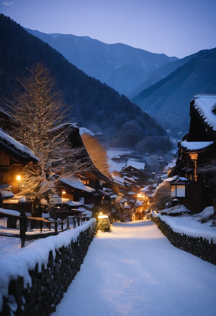 Shirakawa-go、Snow falling in the night sky、crescent、Fantastic Township Village、Lights in people's houses