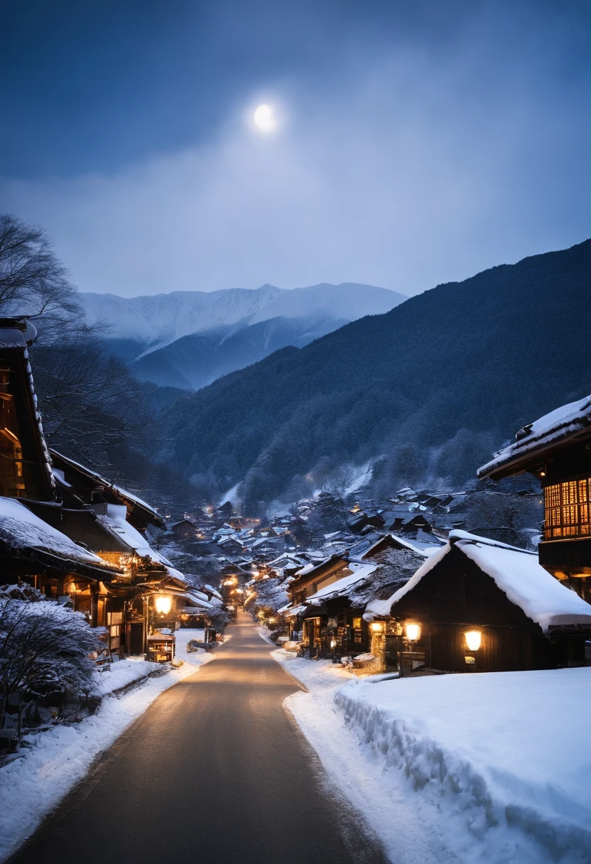 Shirakawa-go、Snow falling in the night sky、crescent、Fantastic Township Village、Lights in people's houses