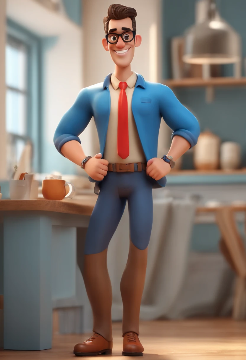 Cartoon character of a real estate broker man with social hair, barba espessa, Red glasses and a blue shirt, tendo uma cidade como pano de fundo, animation character, Caractere estilizado, animation style rendering, 3D estilizado, Arnold Maya render, 3d stylized rendering, toon render keyshot, Personagem 3D, Personagem 3D, 3d rendering stylized, 3 d character render, personagem de desenho animado, Personagem de close up, Pose de personagem, (Estilo Pixar) (master part:1.2) (Bokeh) (best quality) (pele detalhada) (textura detalhada) (8k) (argila) (Cinematic lighting) (foco nítido