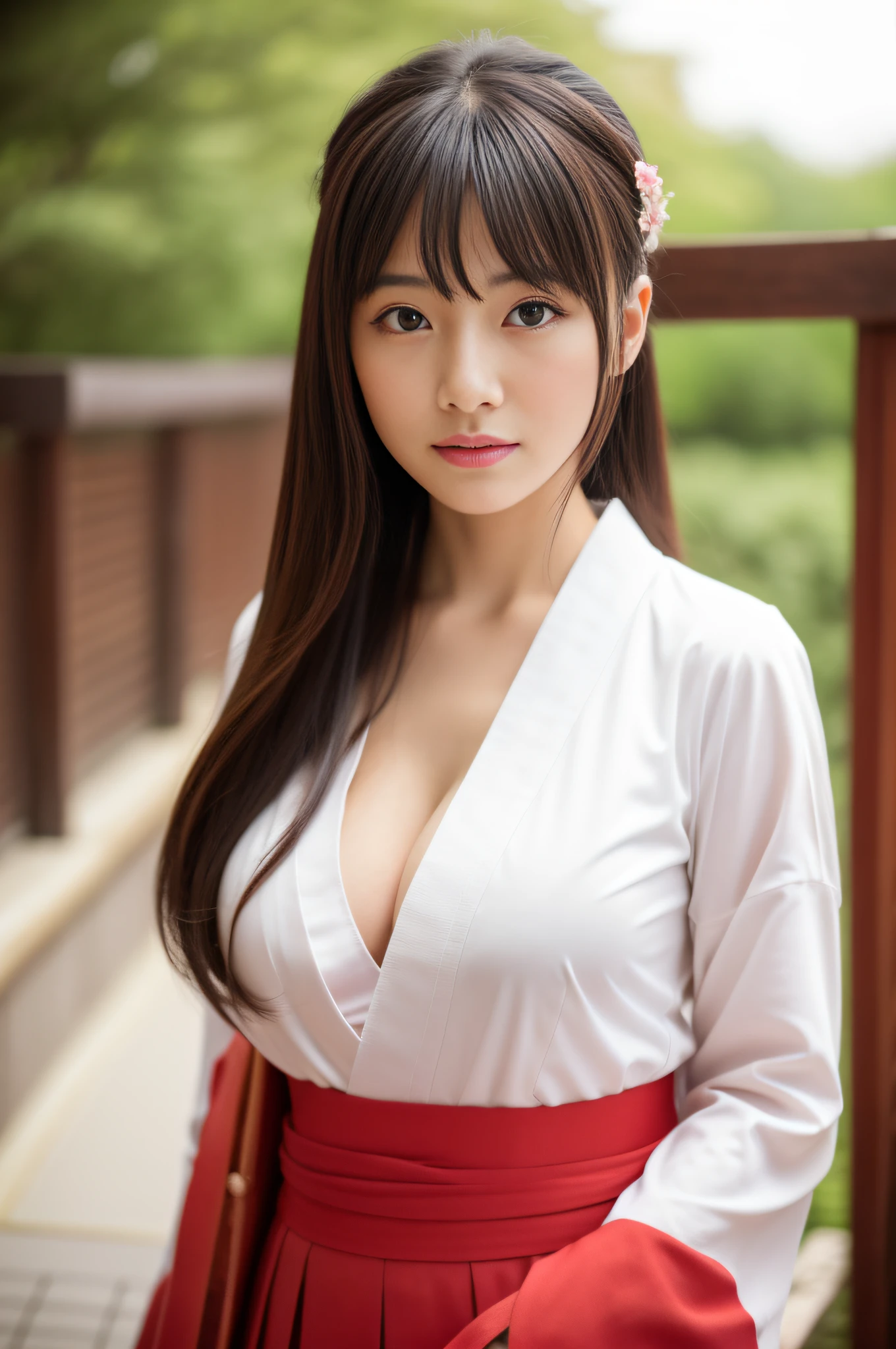 nudde、 full bodyesbian、 White shirt and red skirt、 Wearing Hakama、 Komono,、 traditional、 hakama kimono、 Japanese style、 intricate hakama、 white hanfu、 (Super cute girl of S-class at the shrine)、 Chest、 Hakata Hakama、 tits out、 bignipple、 The areol、 cleavage of the breast、 (Highly detailed photos of CG Unity 8K)、 (Very detailed very cute girl)、 (Ultra-realistic photos)、 ((One Loli S Class Super Cute Girl))、 ((top-quality))、 ultra-detailliert、 masterpiece、(roundly eyes)、 breasts are large、 viewer、 Very beautiful straight hair、 A dark-haired、 Woman with a gentle atmosphere、 Bright photo、 20yr old