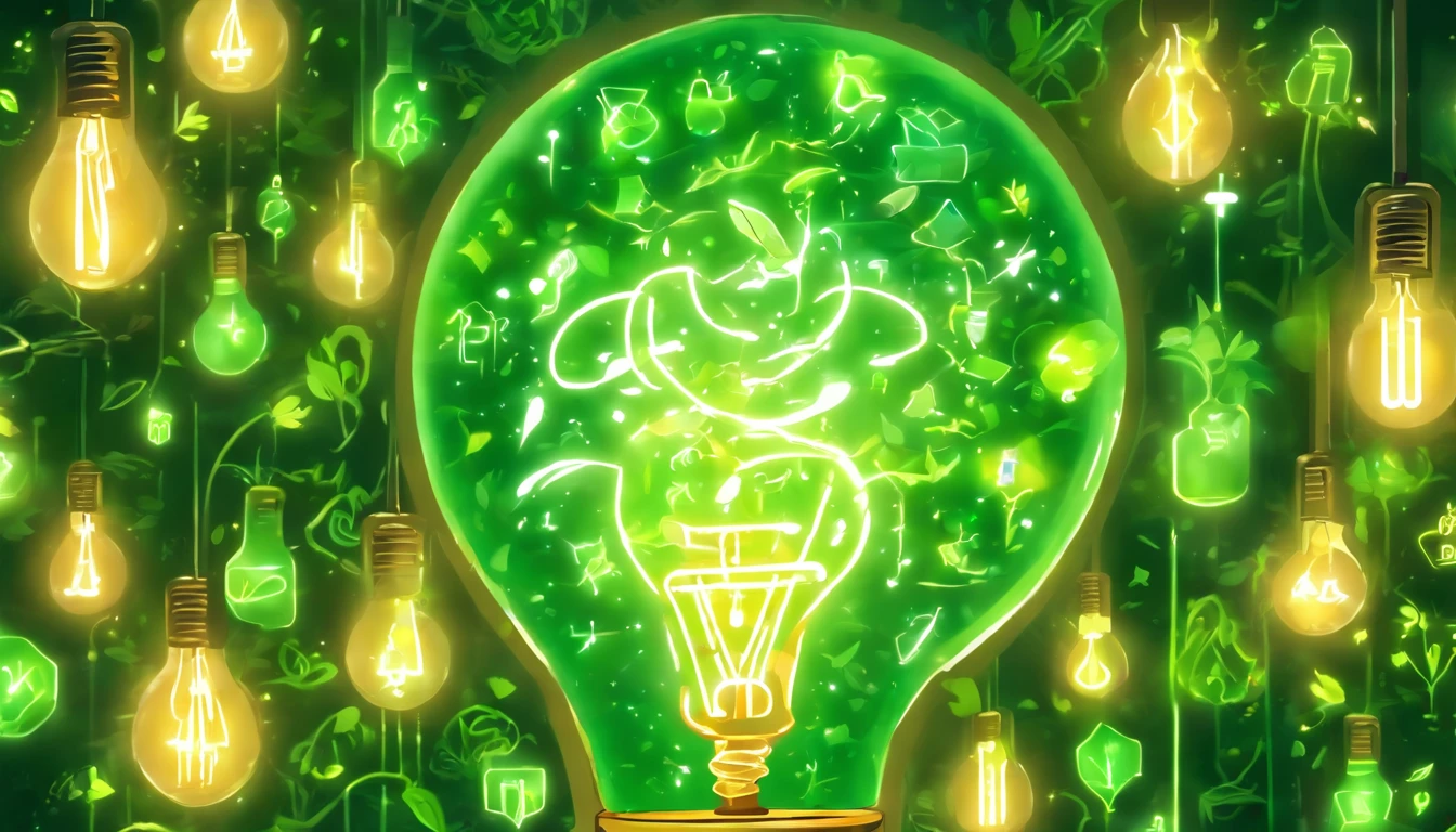 Desenho, com fundo de folhas verdes desfocadas, and a single main image of a light bulb, with icons around this lamp, Each icon represents a different interpretation of the concept of energy for chemistry, biology and physics