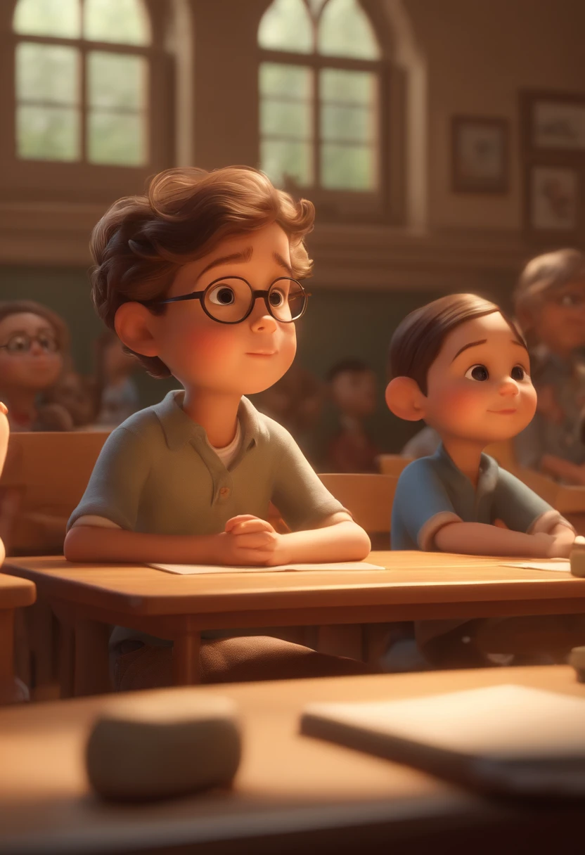 Very cute cartoon character, classroom, with friends watching teacher tell stories, unreal engine, warm indoor lighting, arts station, detailed digital painting, cinematic, character design by mark ryden and pixar and hayao miyazaki, unreal 5, daz, hyperrealistic, octane rendering