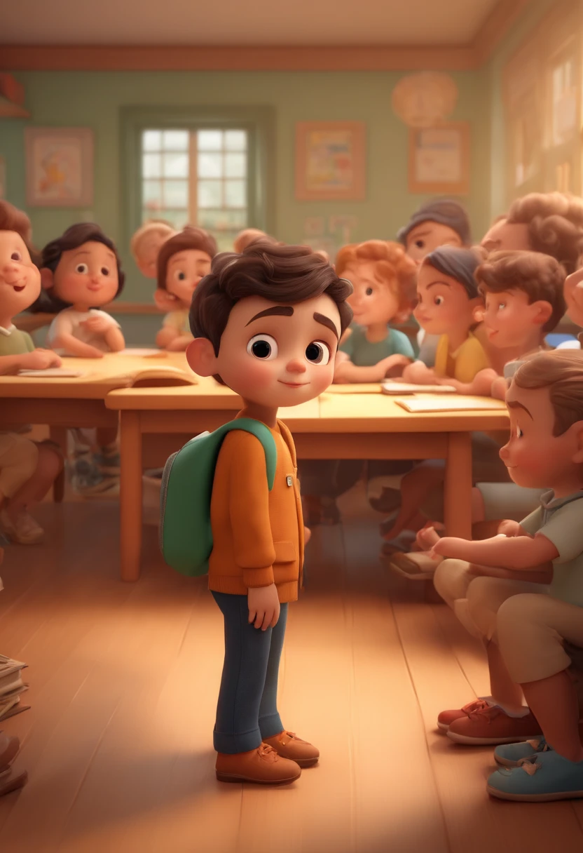 Very cute little boy cartoon character, classroom, with friends watching teacher tell stories, unreal engine, warm indoor lighting, arts station, detailed digital painting, cinematic, character design by mark ryden and pixar and hayao miyazaki, unreal 5, daz, hyperrealistic, octane rendering