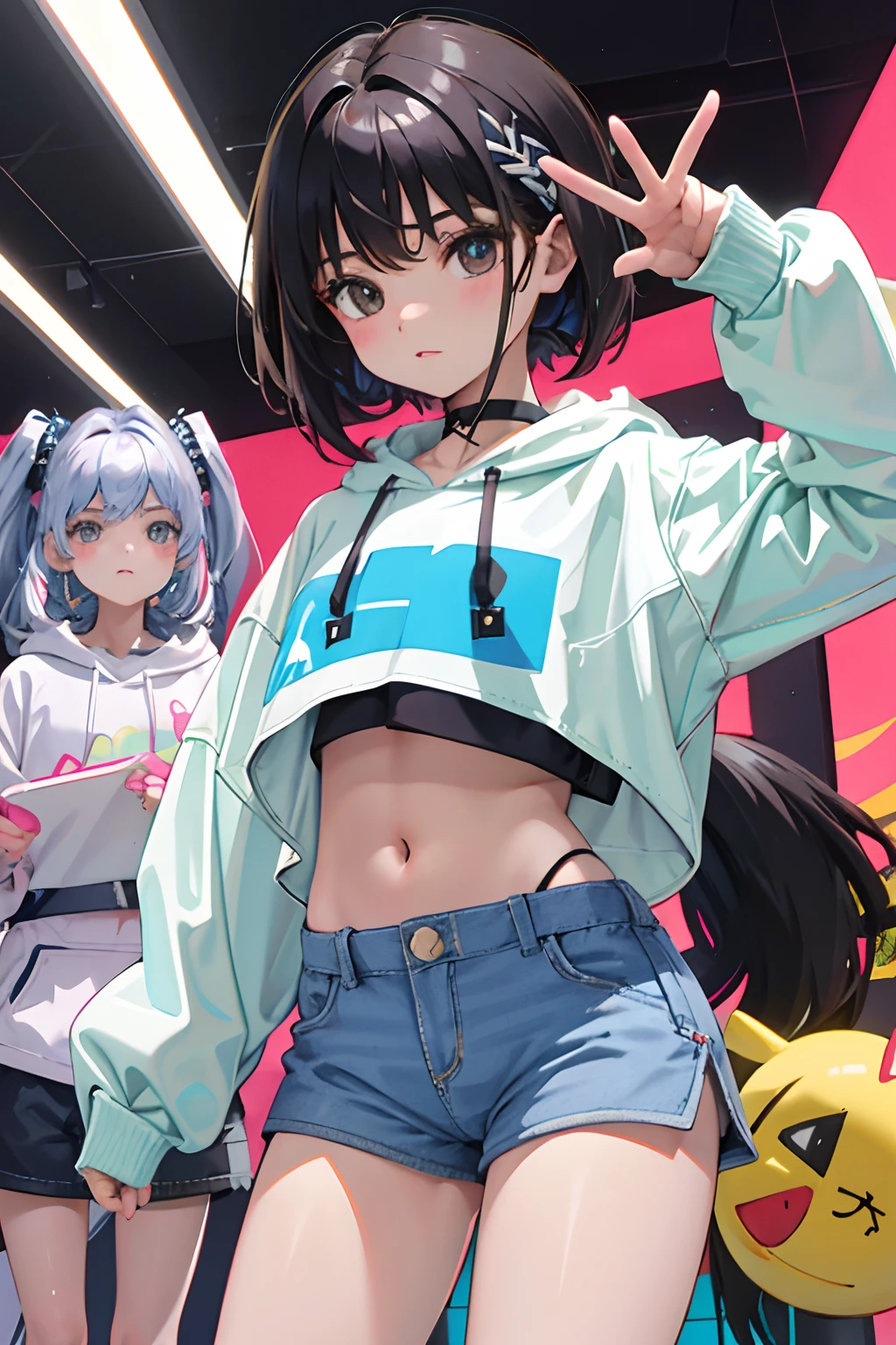 wariza,()，（​masterpiece，Highest Quality），Crop Top Look，Pastel Hoodie，(Gingham Check Shorts)，A dark-haired，Twin-tailed，World of toys