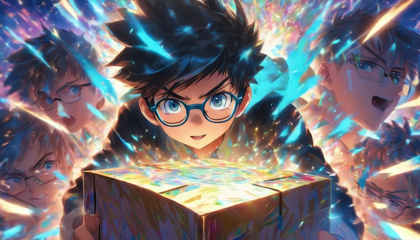 A black, Short-haired boy with blue eyes wears glasses, Happy to open the surprise box
