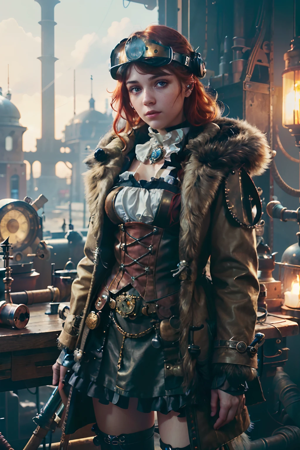 (8k, RAW photo, highest quality), beautiful girl using tools next to a desk, in a factory,  water pipe, water tank, 18 century,  red head, steampunk aviary helmet ,avairy coat, (detailed eyes:0.8), (looking at the camera:1.4), (highest quality), (best shadow), intricate details, interior, dark studio, muted colors,  (steam punk),