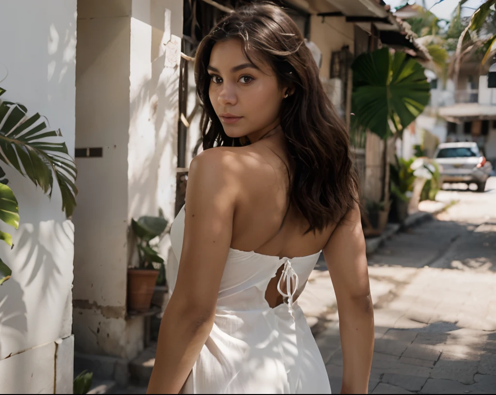 high detail, photorealistic, 8k, high quality, blurred background, photograph of a woman walking in favela, ((from behind, looking at camera)), tropical plants, wearing white maxi dress, wavy dark brown hair, natural makeup, brown eyes, Latina, Vanessa Hudgens, cleft chin, ((full body)), deep tan skin, glow, sweat, (sunlight, sunshine, sunbeam), high detailed face, eyes in sharp focus, high quality face, high detailed hands, high quality hands, anatomically correct,