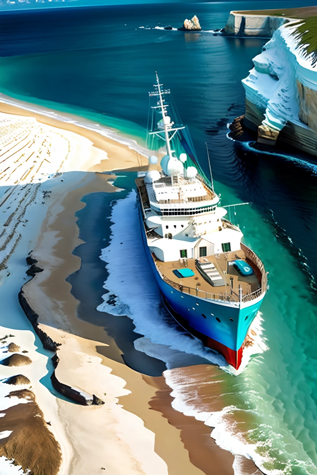 Grand Banks 42 Europa anchored in a white-sand cove, mer turquoise