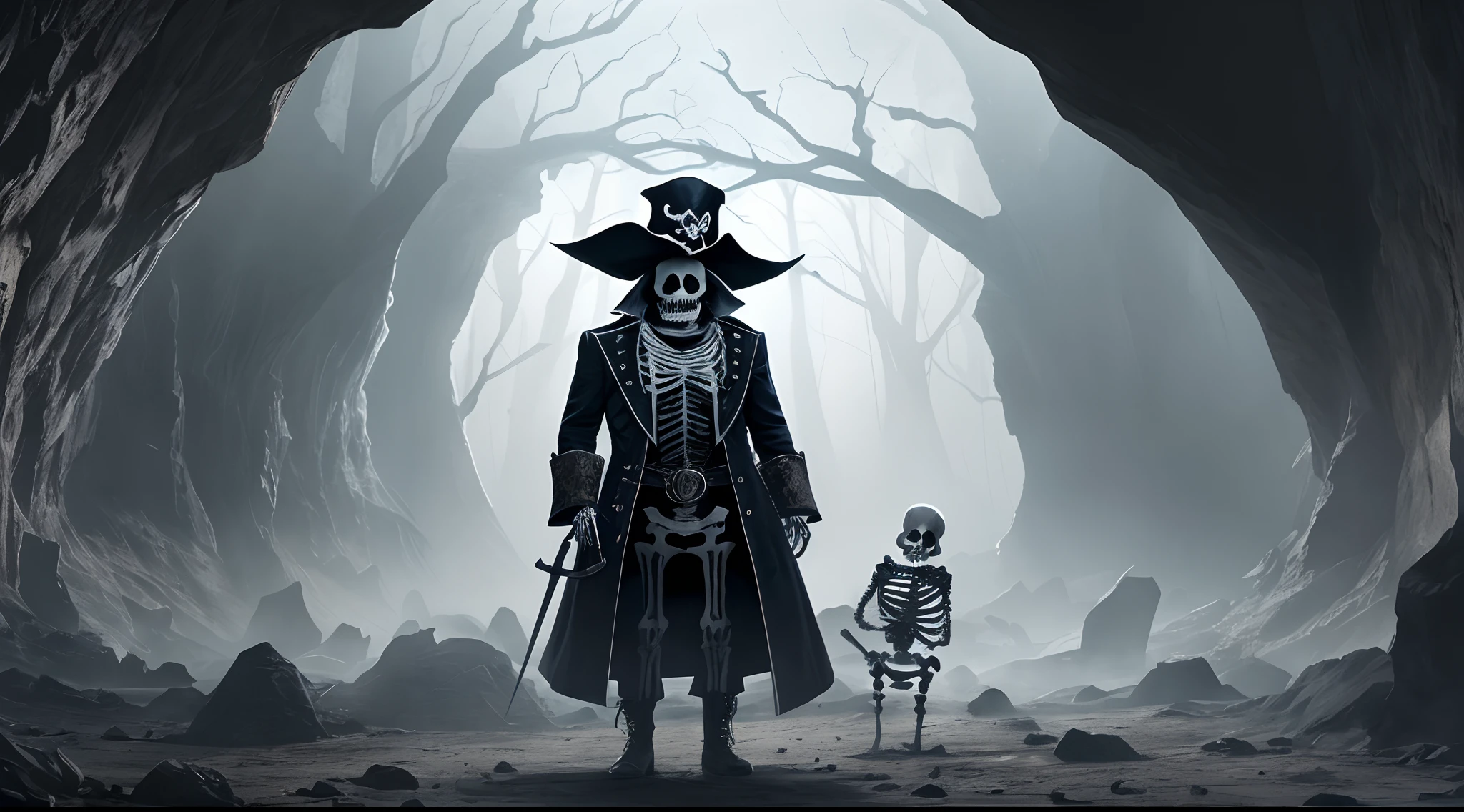 The image features a skeleton dressed as a pirate, wearing a pirate hat and a black coat. The skeleton is standing in a dark room, possibly a cave, and appears to be looking at the camera. The scene is quite eerie and captures the essence of a zombie pirate --auto --s2
