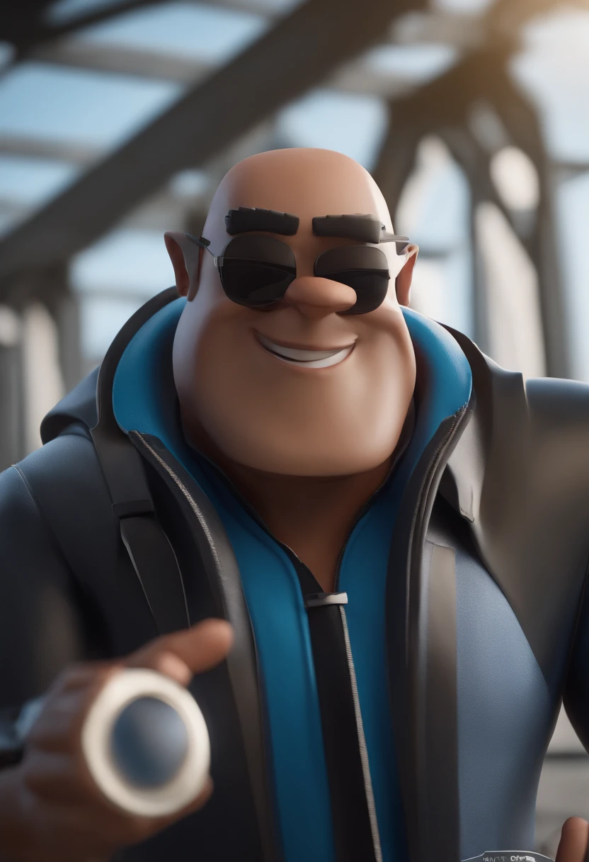 Cartoon character of a man wearing black sunglasses and a blue shirt, Bonena Head, tom de pele moreno, um personagem animado, Caractere estilizado, animation style rendering, 3D estilizado, Arnold Maya render, 3 d render stylized, toon render keyshot, Personagem 3D, Personagem 3D, 3d rendering stylized, 3 d character render, personagem de desenho animado, Personagem de close up, Pose de personagem, (Estilo Pixar) (master part:1.2) (Bokeh) (best quality) (pele detalhada) (textura detalhada) (8k) (argila) (Cinematic lighting) (foco nítido,Senta e vaza a parte superior do corpo