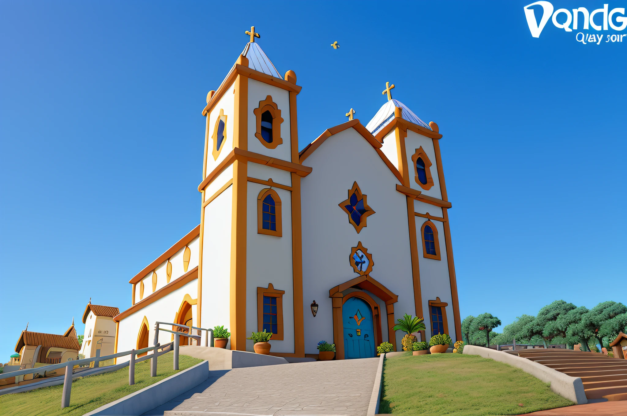 Disney Pixar estilo Igreja Velha, sol, birds in the sky, Blue sky with clouds, sol, melhor qualidade, Qualidade Superior