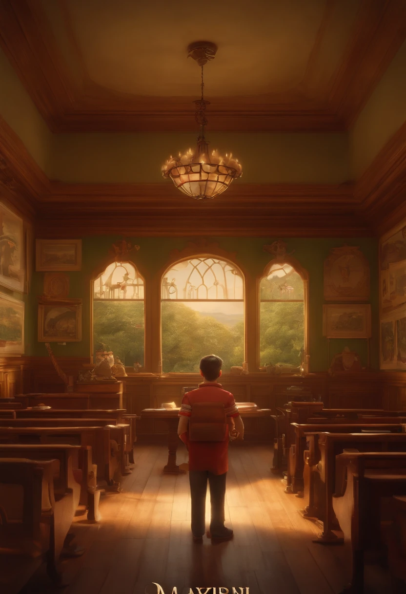 Muito bonito personagem de desenho animado menino, sala de aula, with friends watching teacher tell stories, Motor irreal, warm indoor lighting, arts station, pintura digital detalhada, cinemactic, Design de personagens por Mark Ryden e Pixar e Hayao Miyazaki, irreal 5, DAZ, hiper-realista, octane rendering