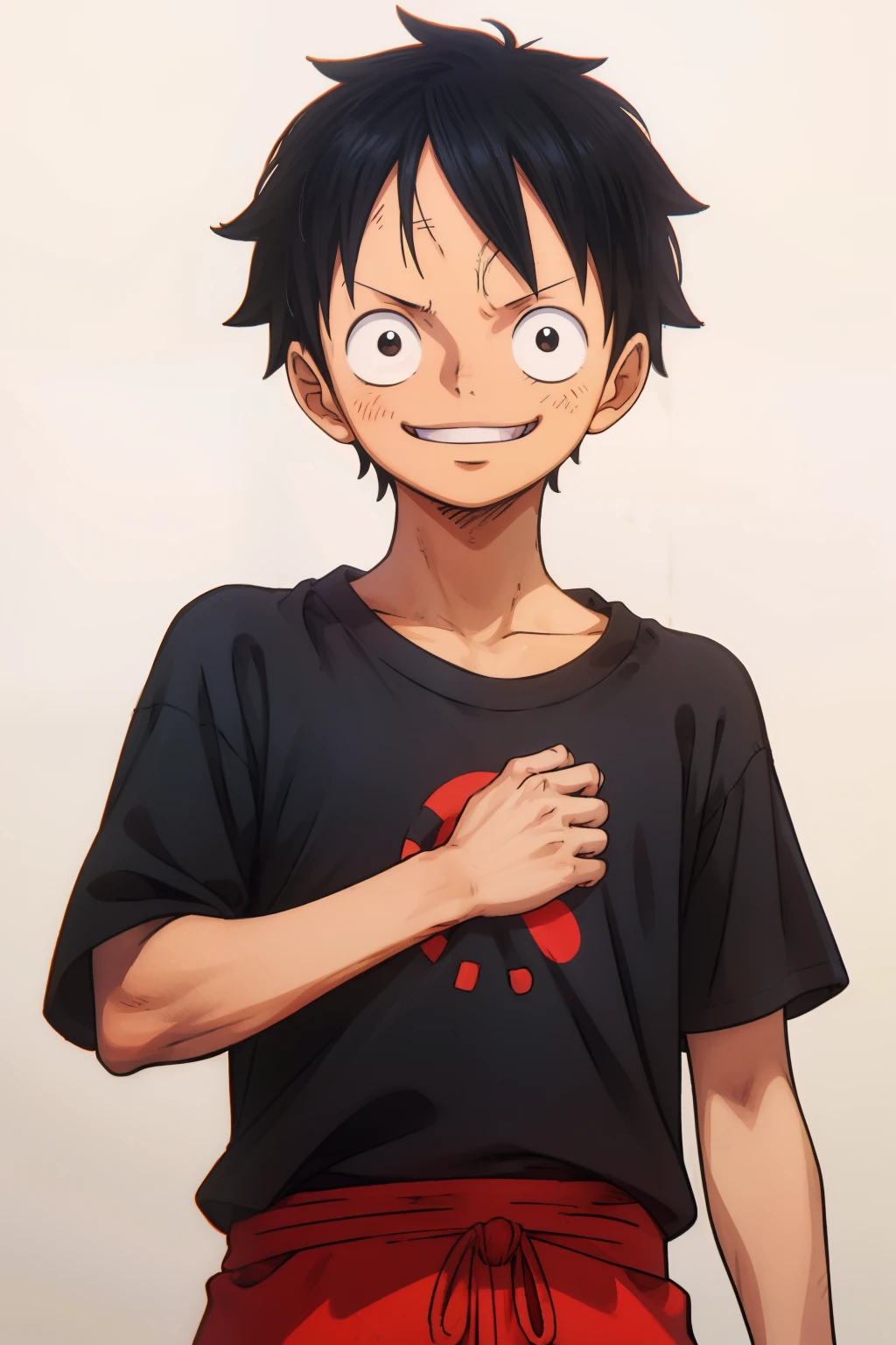 1man, minimalism, monkey d luffy, Eiichirō Oda, simple, wearing tshirt, black tshirt, wano from background, smileing
